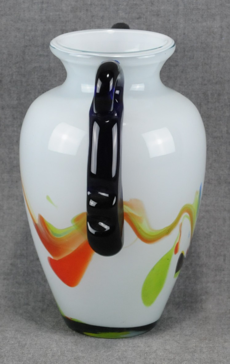 Multi-Colored Hand-Blown Artisan Glass Handled Vase, Contemporary Abstract