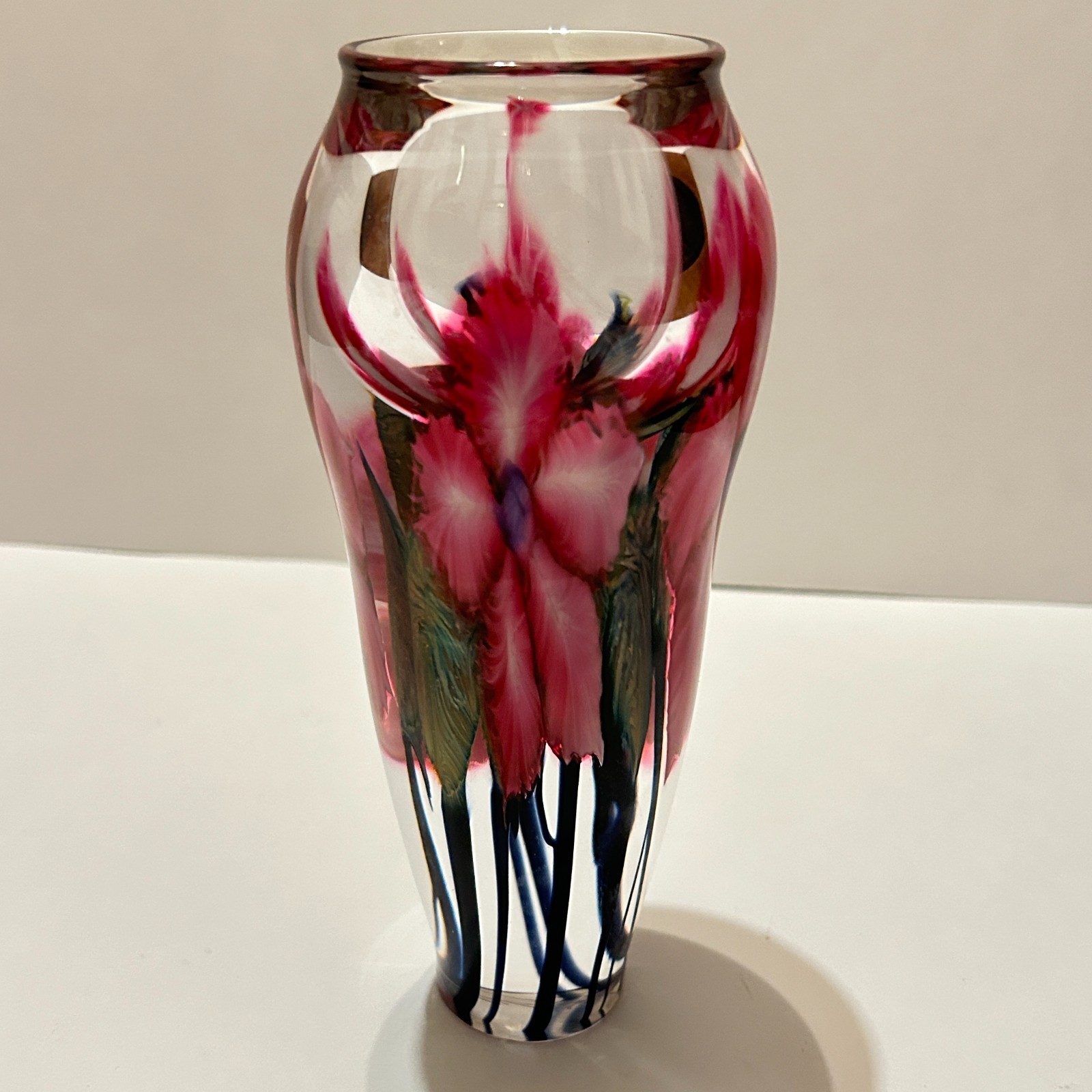 Vintage Lotton 7.5″ Multi Flora Pink Floral Flower Vase Signed 1998 Art Glass