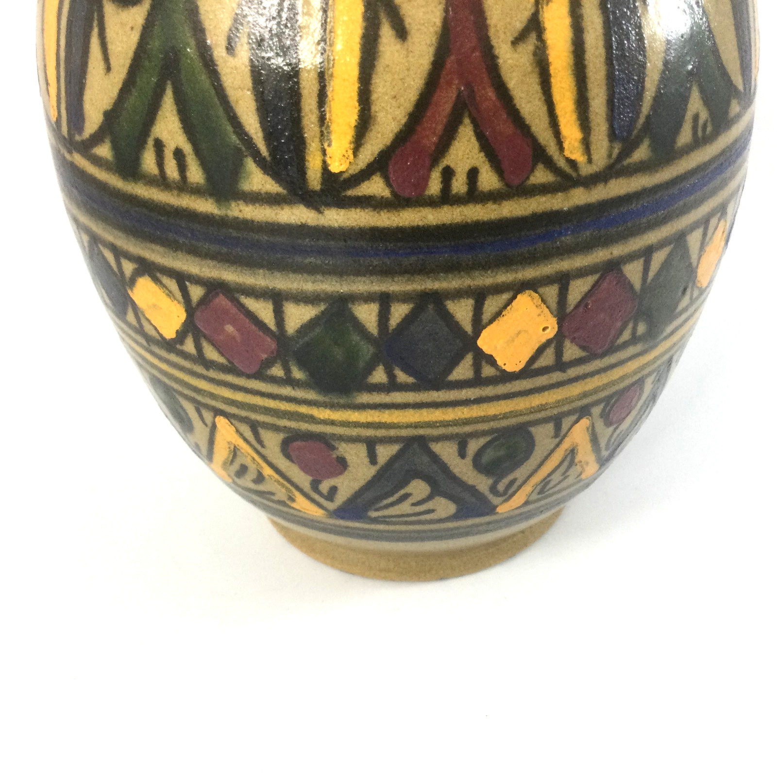 Moroccan Art Pottery Clay Vase Handpainted Blue Yellow Geometric Pattern 7.5″ H