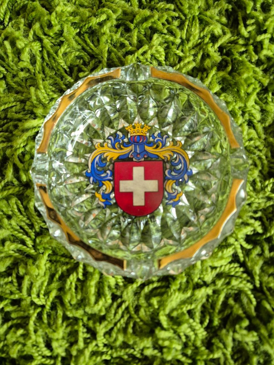 Vintage Swiss Crystal Ashtray Schweiz Etched Gold Rim Coat of Arms Switzerland S