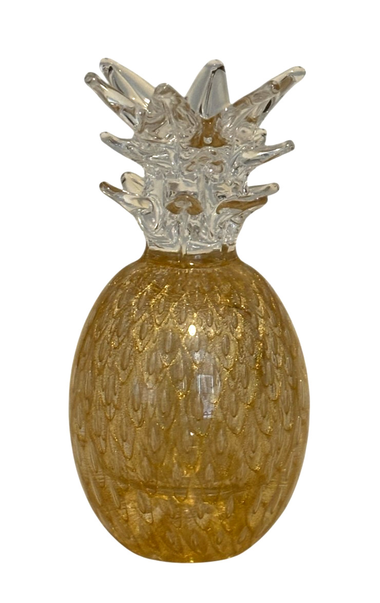Marcolin Sweden Crystal Pineapple Paperweight Clear with Gold Flecks 7″ Signed