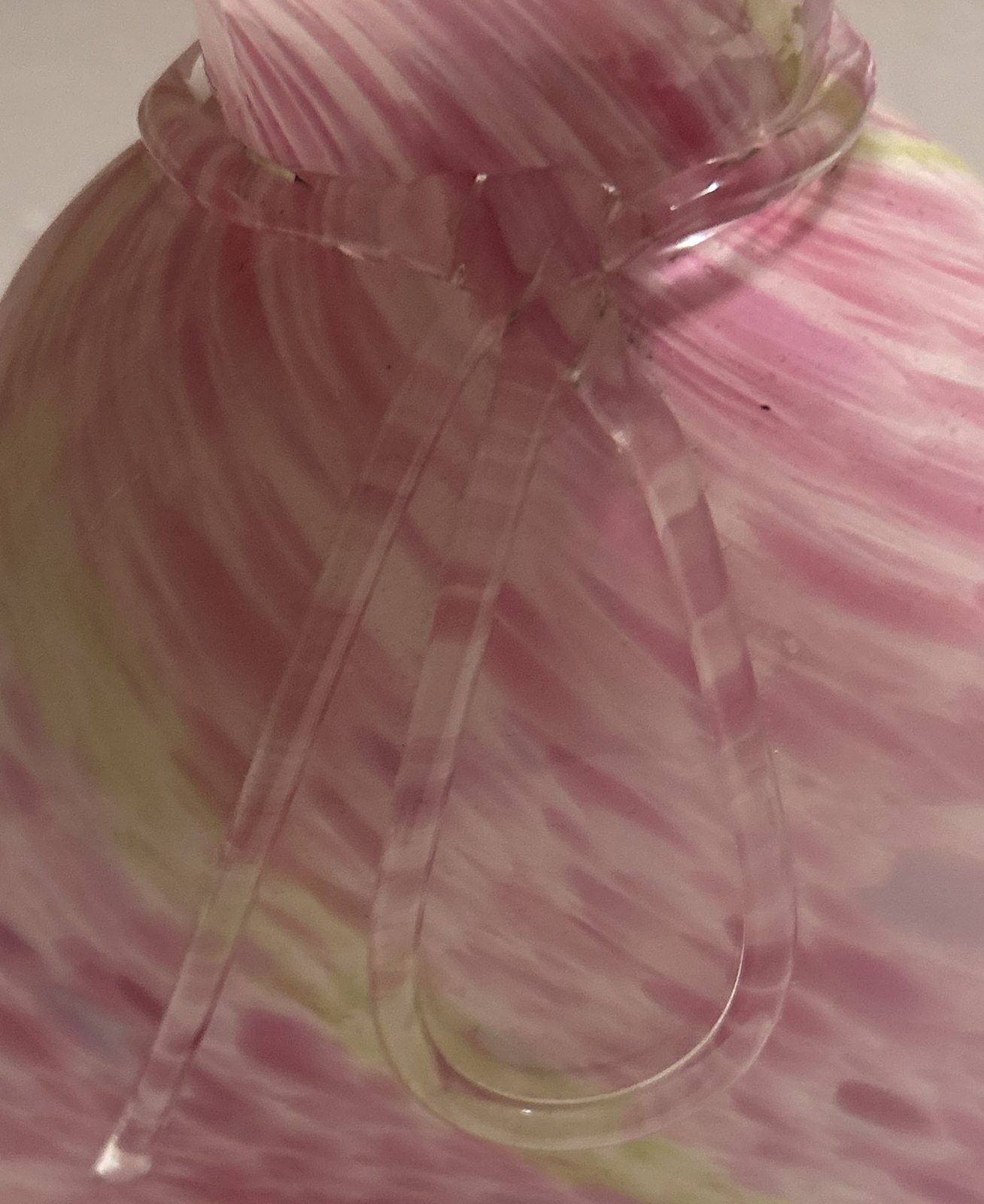 VINTAGE Murano GLASS Pink GREEN Stripe BAG Design VASE Scalloped TOP Edge B-20