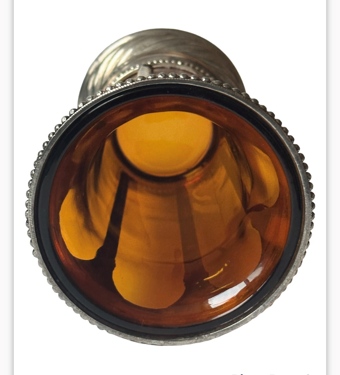 French Neoclassical Amber Art Glass Tumbler With Decorative Silver-Plated Metal.