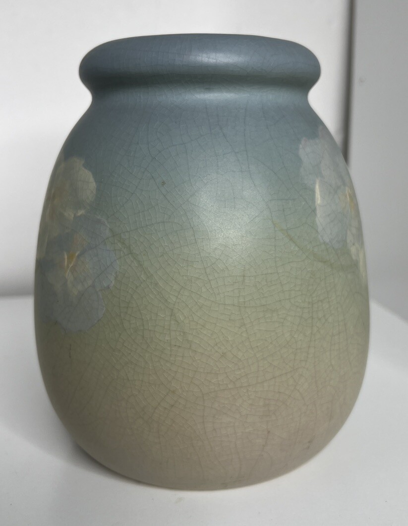 Weller Pottery Hudson Light Vase Hand Painted Floral Blue Vellum 1920s Antique