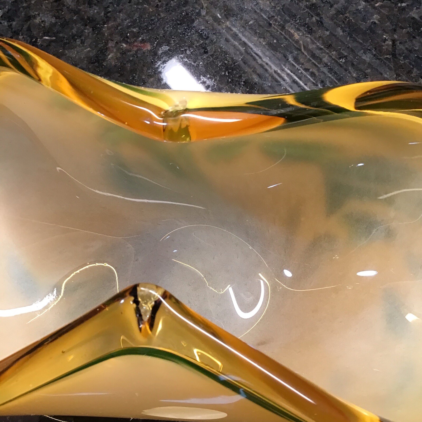 Large Murano Art Glass White Crystal Bowl Or Vase Amber & Green Made Italy MCM