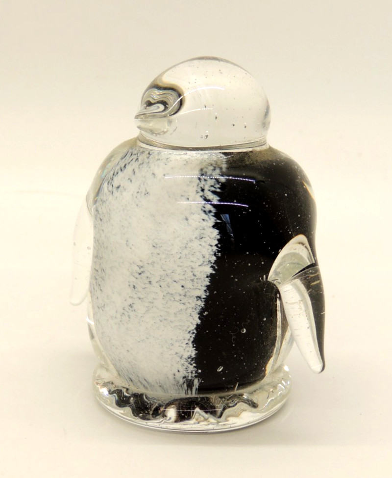 Vintage Art Glass Penguin Paperweight Figurine Fat Penguin Clear Black White