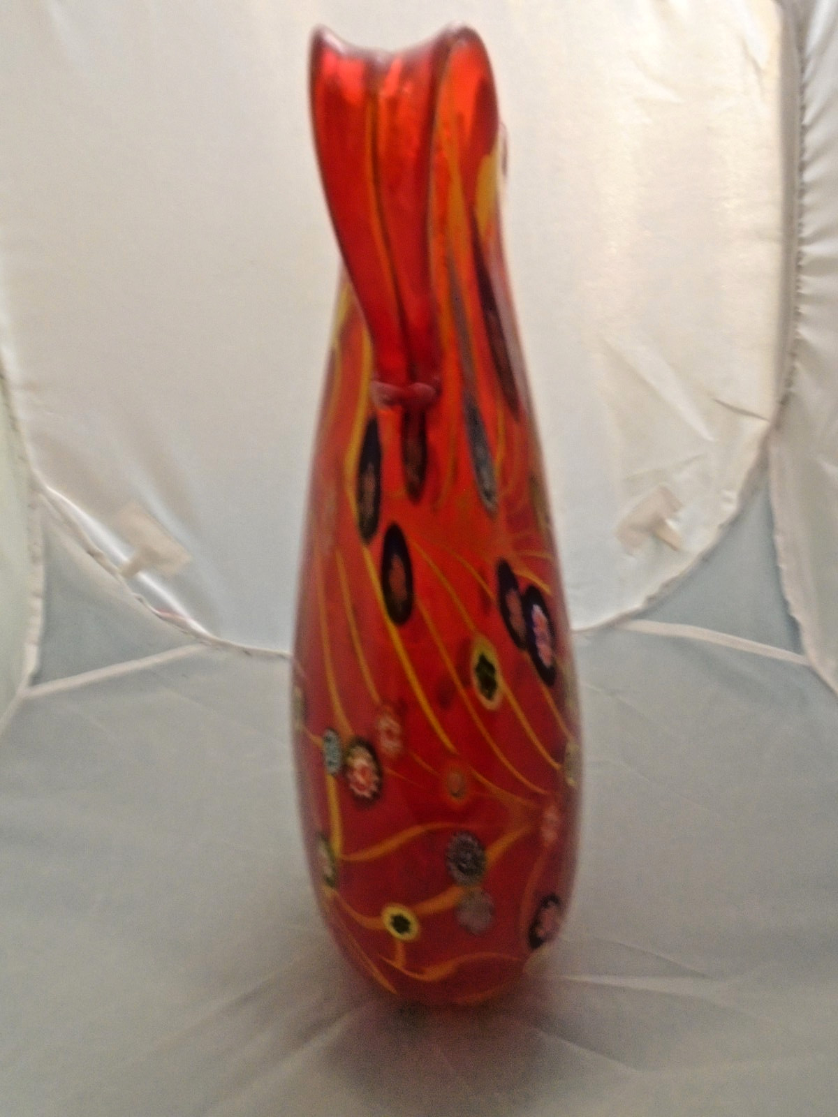 Millefiori Pulled Feather Multi Colored 12″ 2 Handled Vase