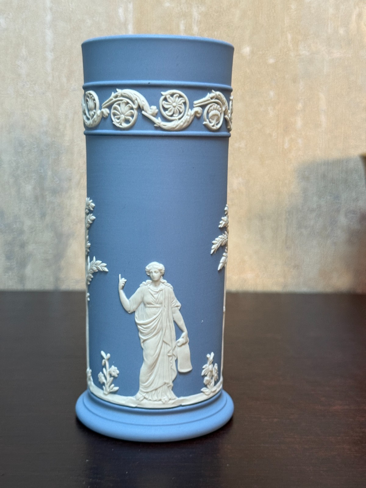 Wedgwood Blue Jasperware Spill Vase Featuring White Neoclassical Relief 6.5″