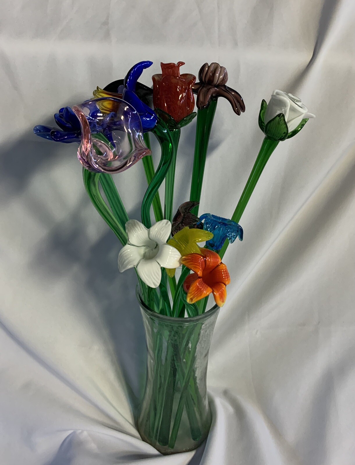 12 Vintage Italian Hand Blown Long Stem  Art Glass Flowers