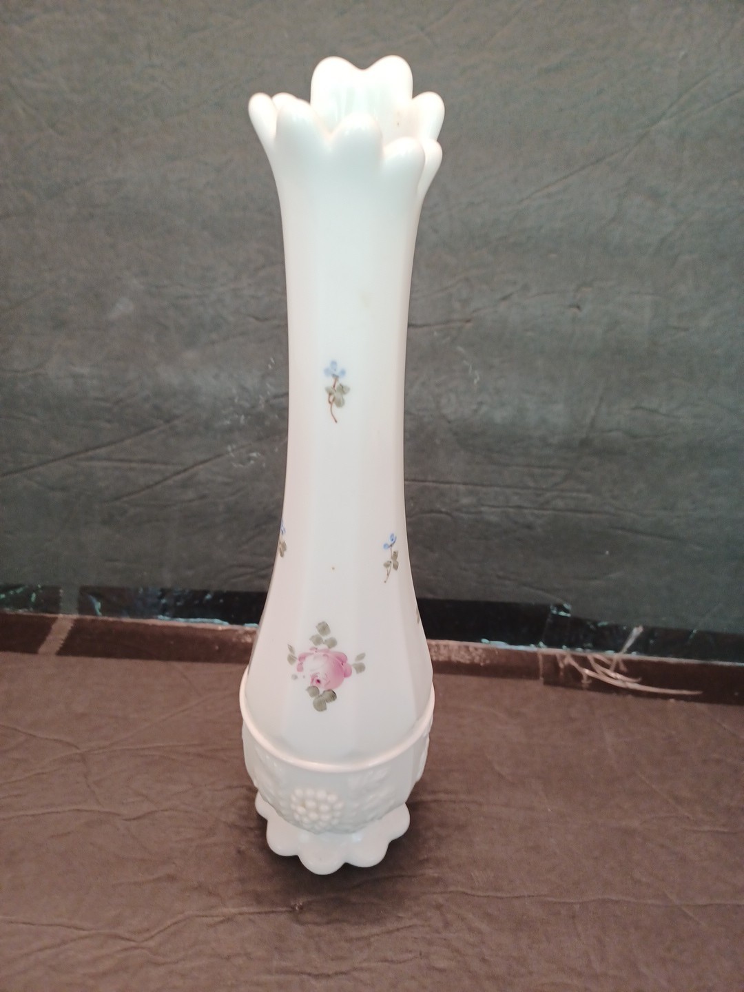 Westmoreland Milk Glass Hand Painted “TART ROSE” 11″ Bud Vase PAPER LABEL