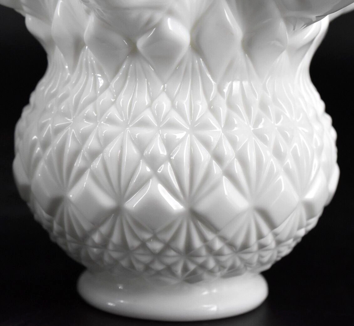 Set of 2 VTG Fenton Milk Glass Vases OVG Fine Cut & Block and Smooth Ruffled