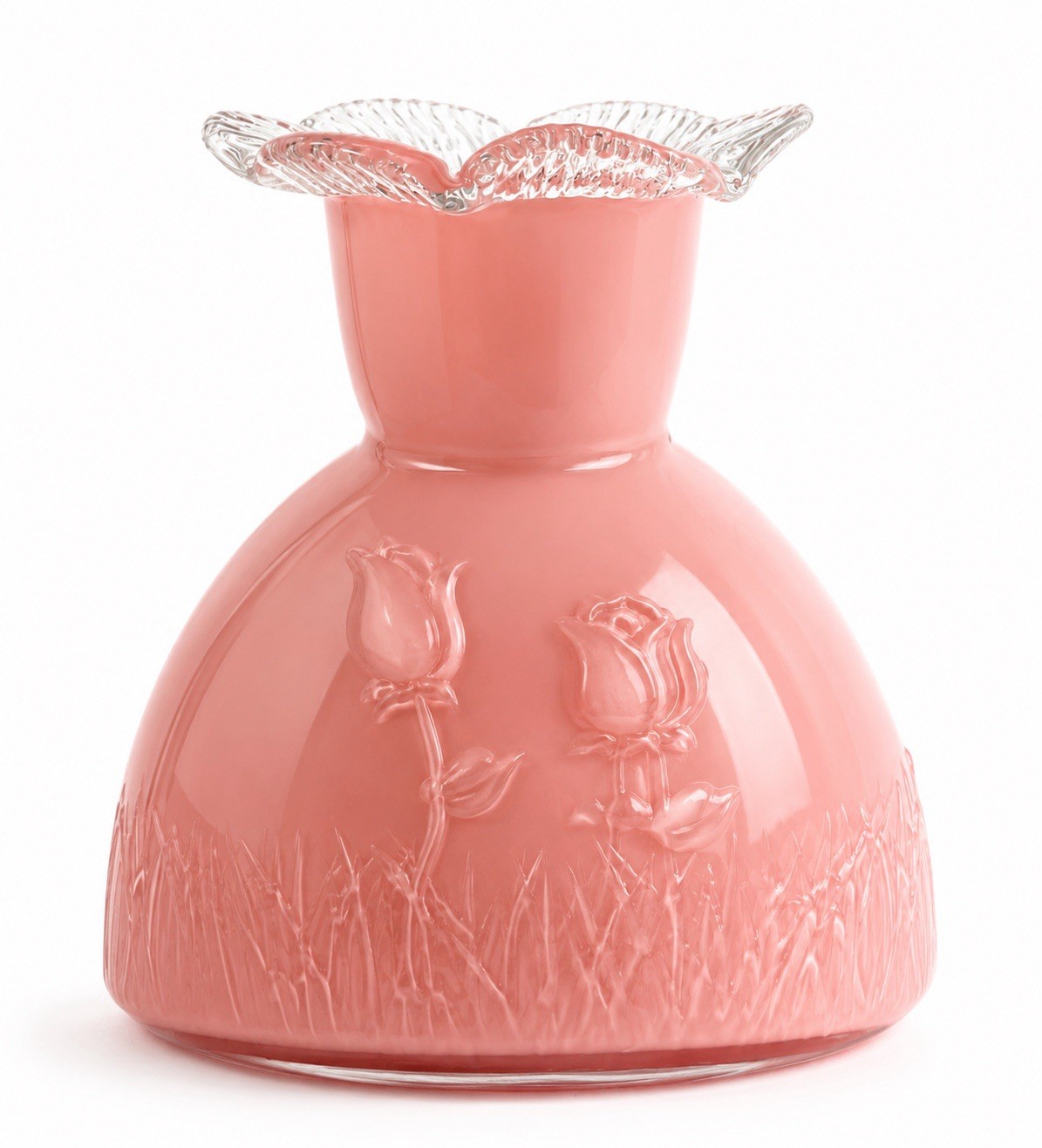 Vintage Pink Satin Glass Vase Embossed Floral Clear Ruffled Rim 7.5” Art Glass
