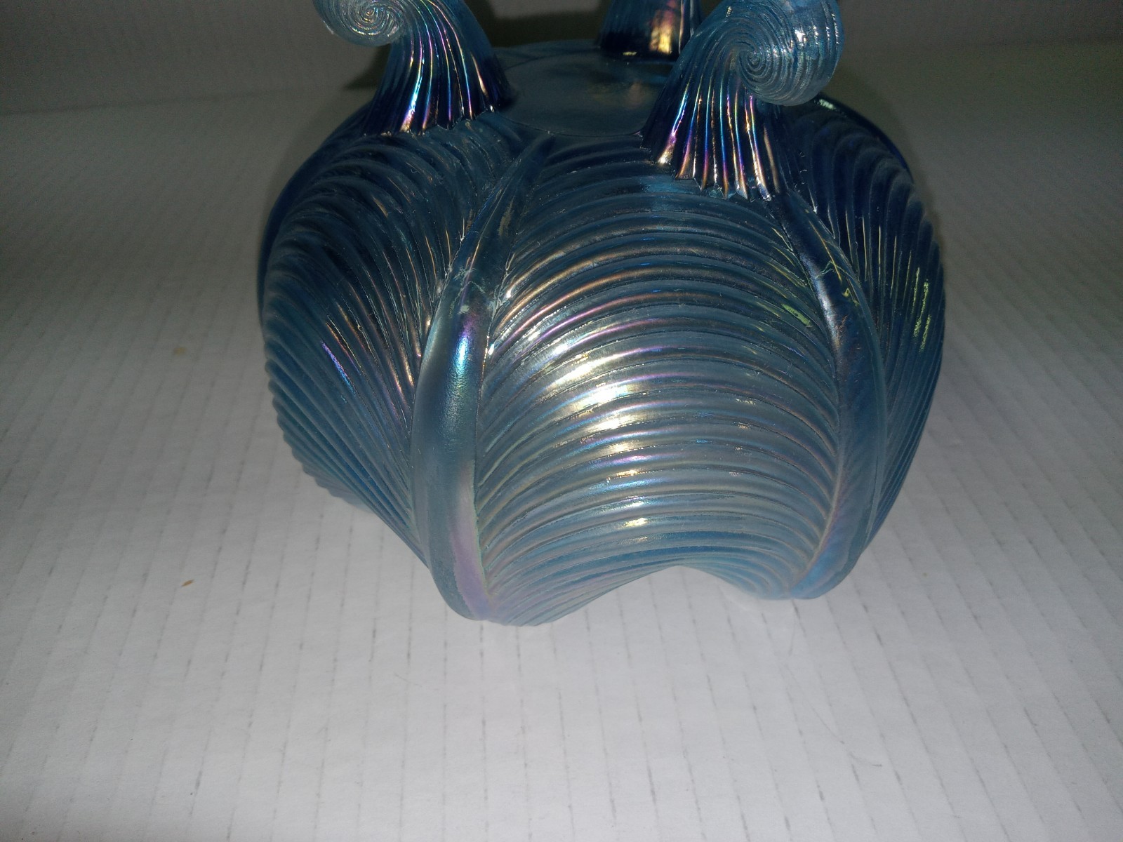 Fenton Blue Opalescent Glass Three Footed Rose Bowl Vase Drape