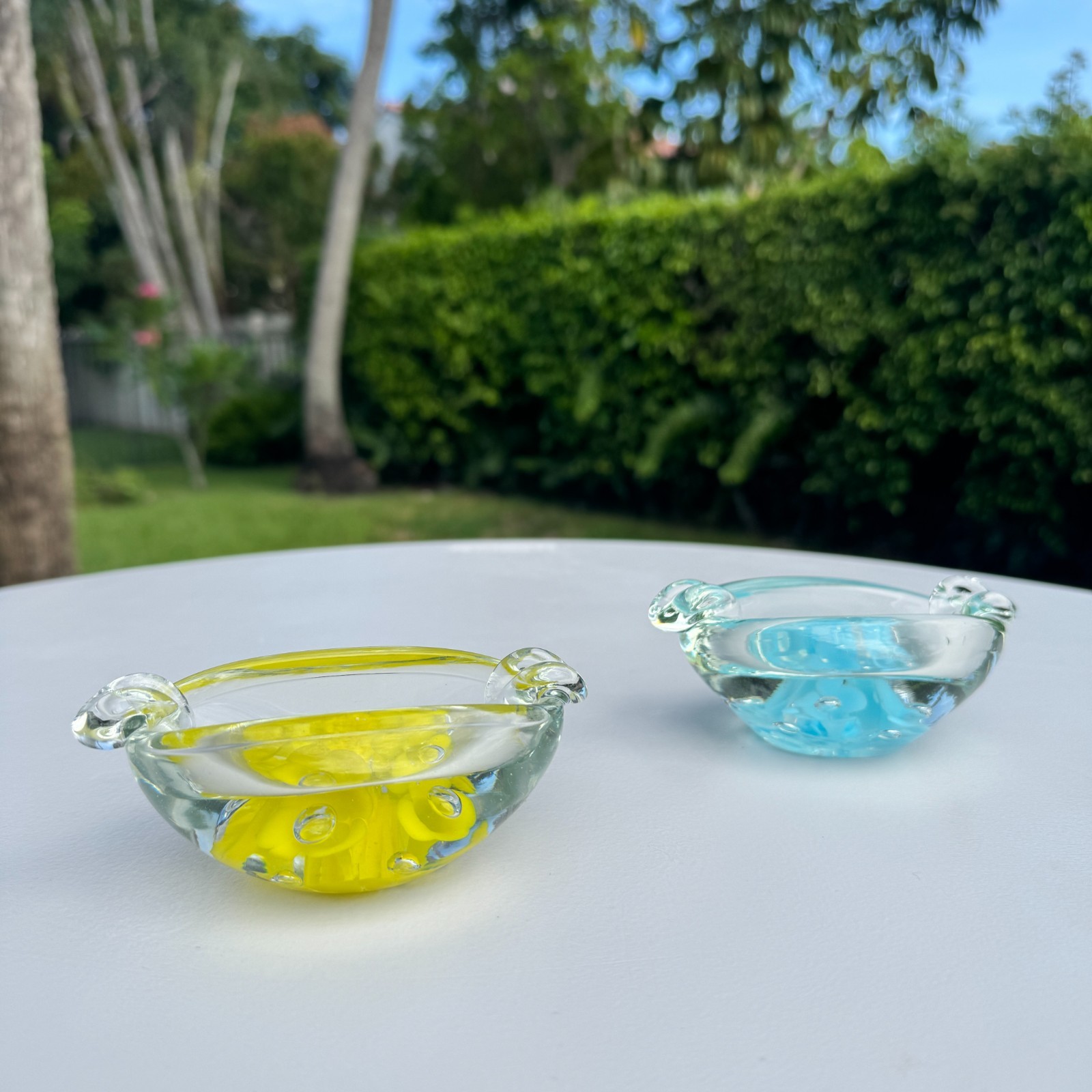 Joe St Clair Art Glass Ashtray Paperweight Pair Blue Yellow Floral Bubble Label