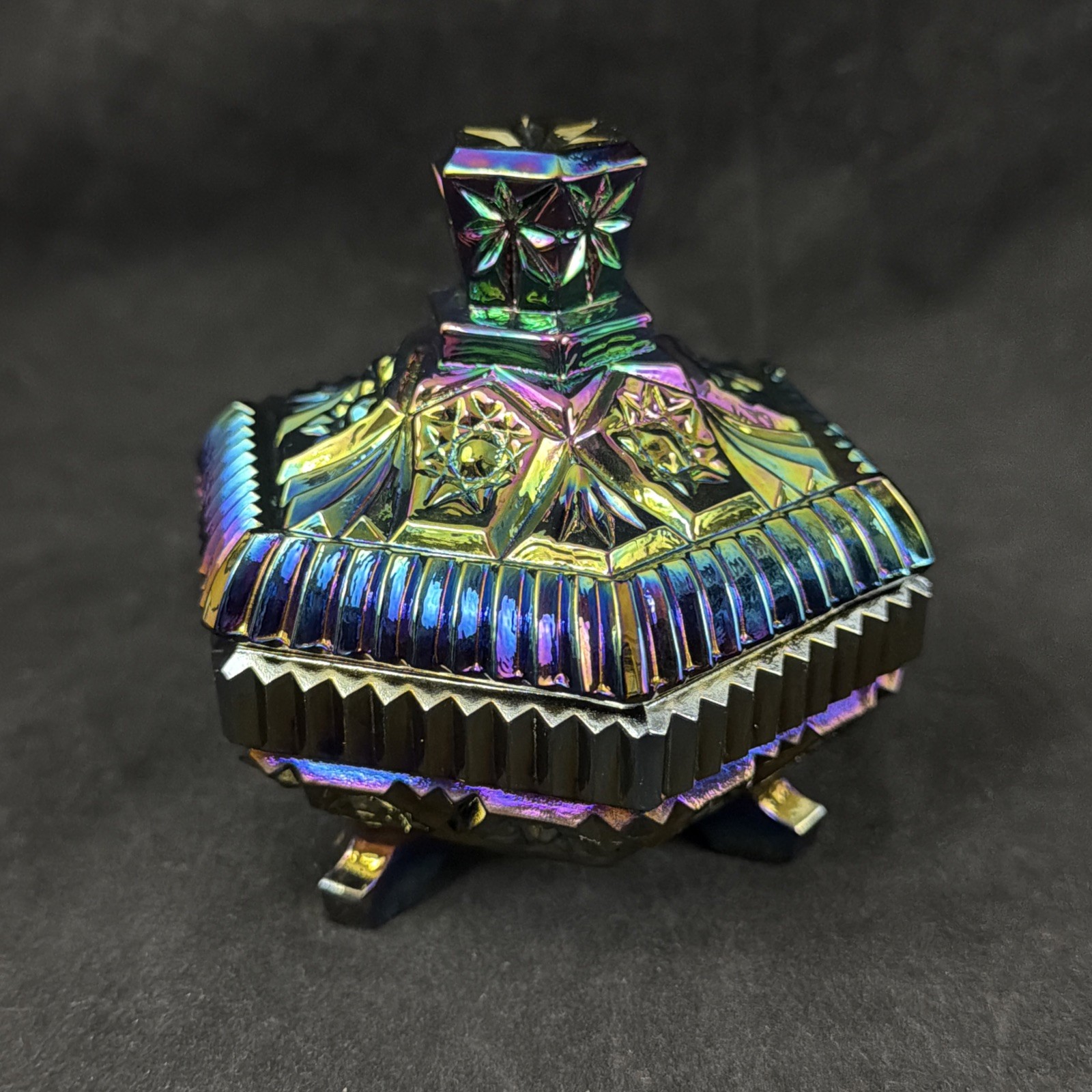 Imperial Lace #536 Amethyst Carnival Glass Footed Lidded Trinket Box Dish