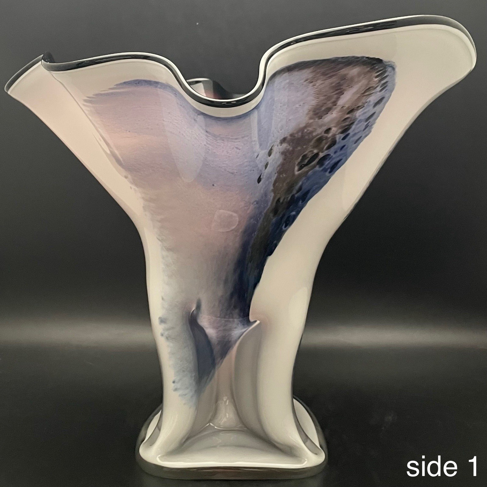 Vulcan Glassworks Purple Blue White XL Freeform Handkerchief Vase Poland 11.75″t