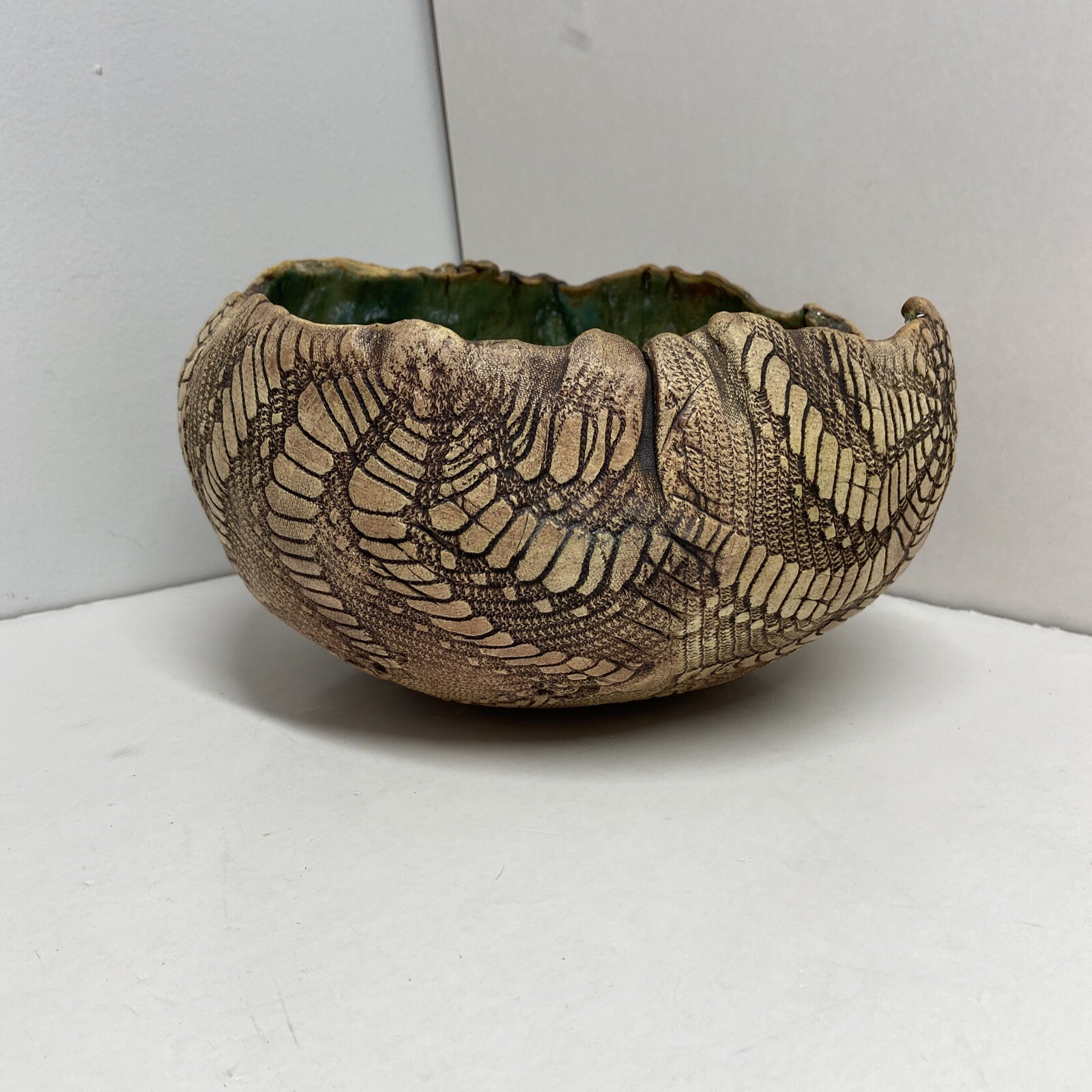 Handmade Clay Pottery Bowl Glazed One Of A Kind Unique Made in USA. Leaf Print