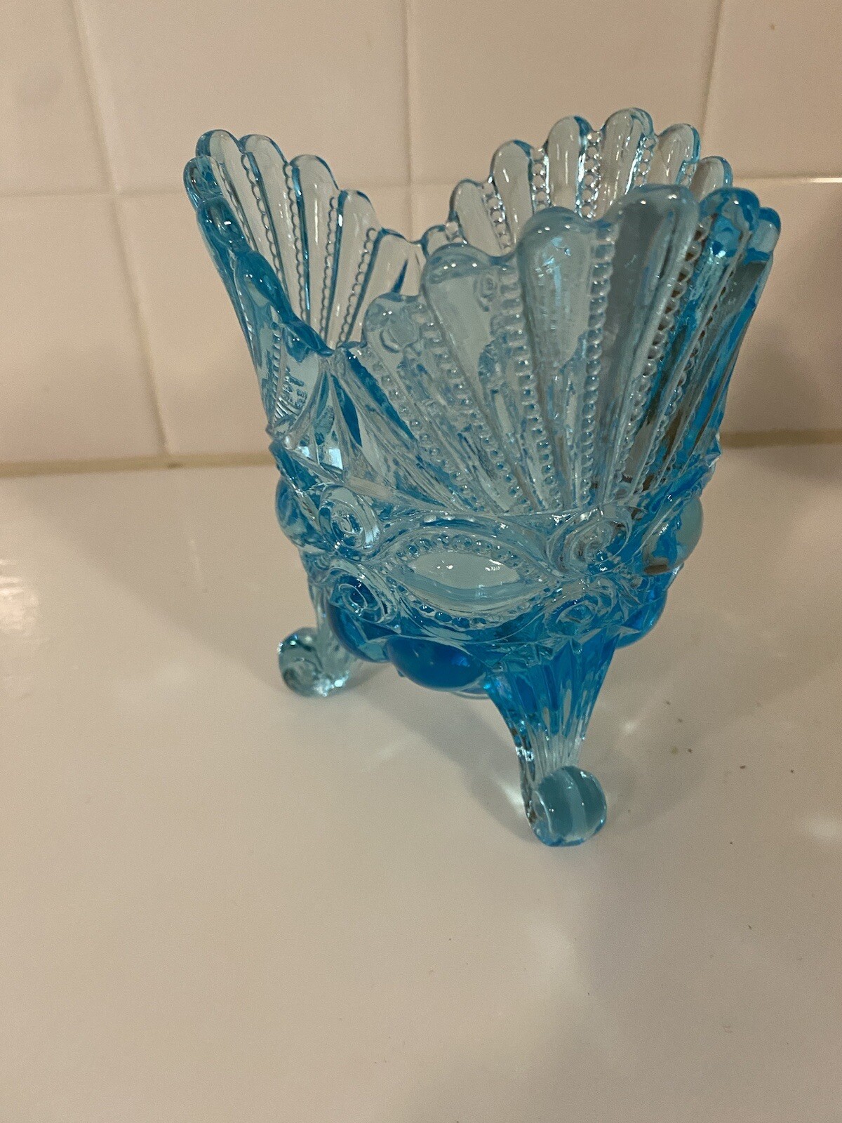 Mosser Aqua Blue Glass 3 Footed Eyewinker Eye Winker Pattern Spooner Vase