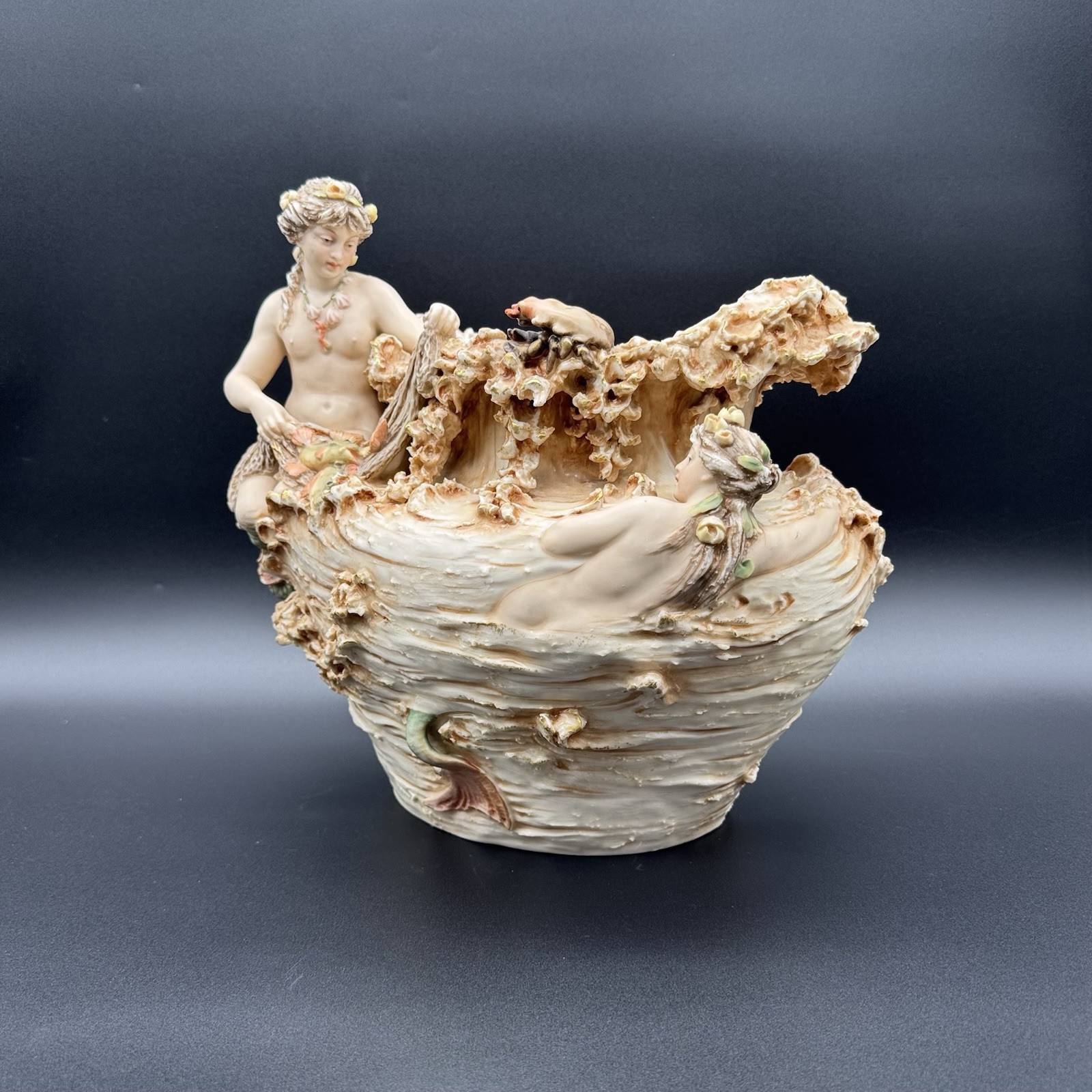 Antique Royal Dux Vase, Maiden / Mermaids with Sea Creatures, 12”L