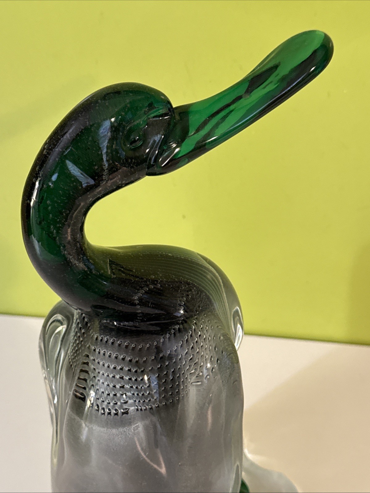 Vintage Alfredo Barbini VAMSA Murano Green Glass Duck Sfumato Bullicante, 11.5”