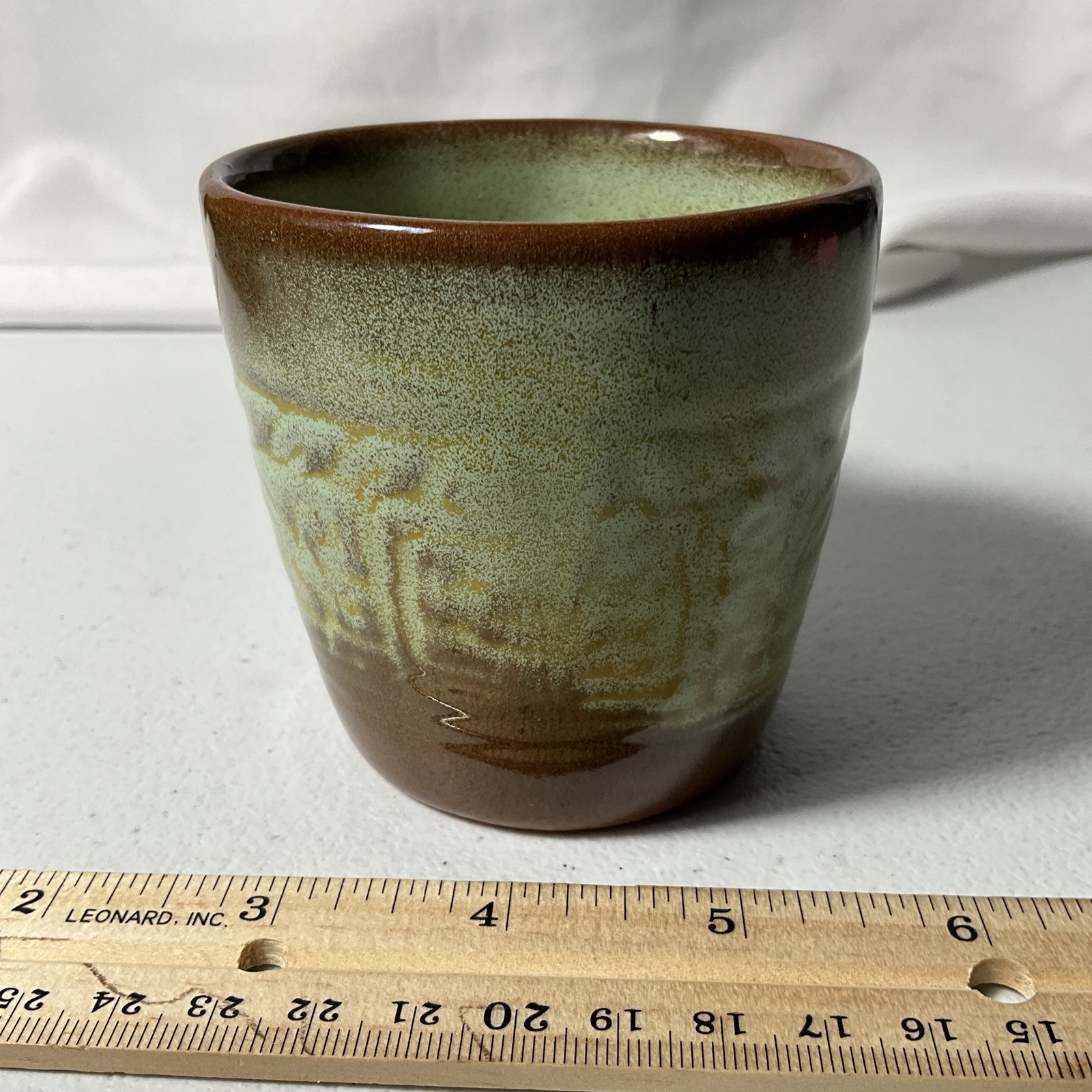 Handmade Studio Pottery Mug Green Brown Drip Glaze Textured Ceramic Coffee Cup