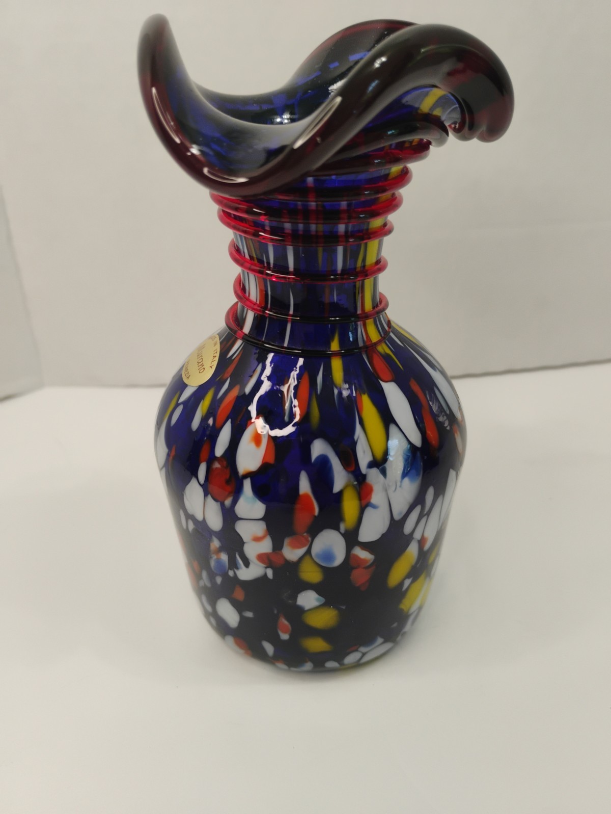 Vintage Murano Cobalt Blue Patchwork Glass Vase 6″ Ruffled Applied Red Trail MCM