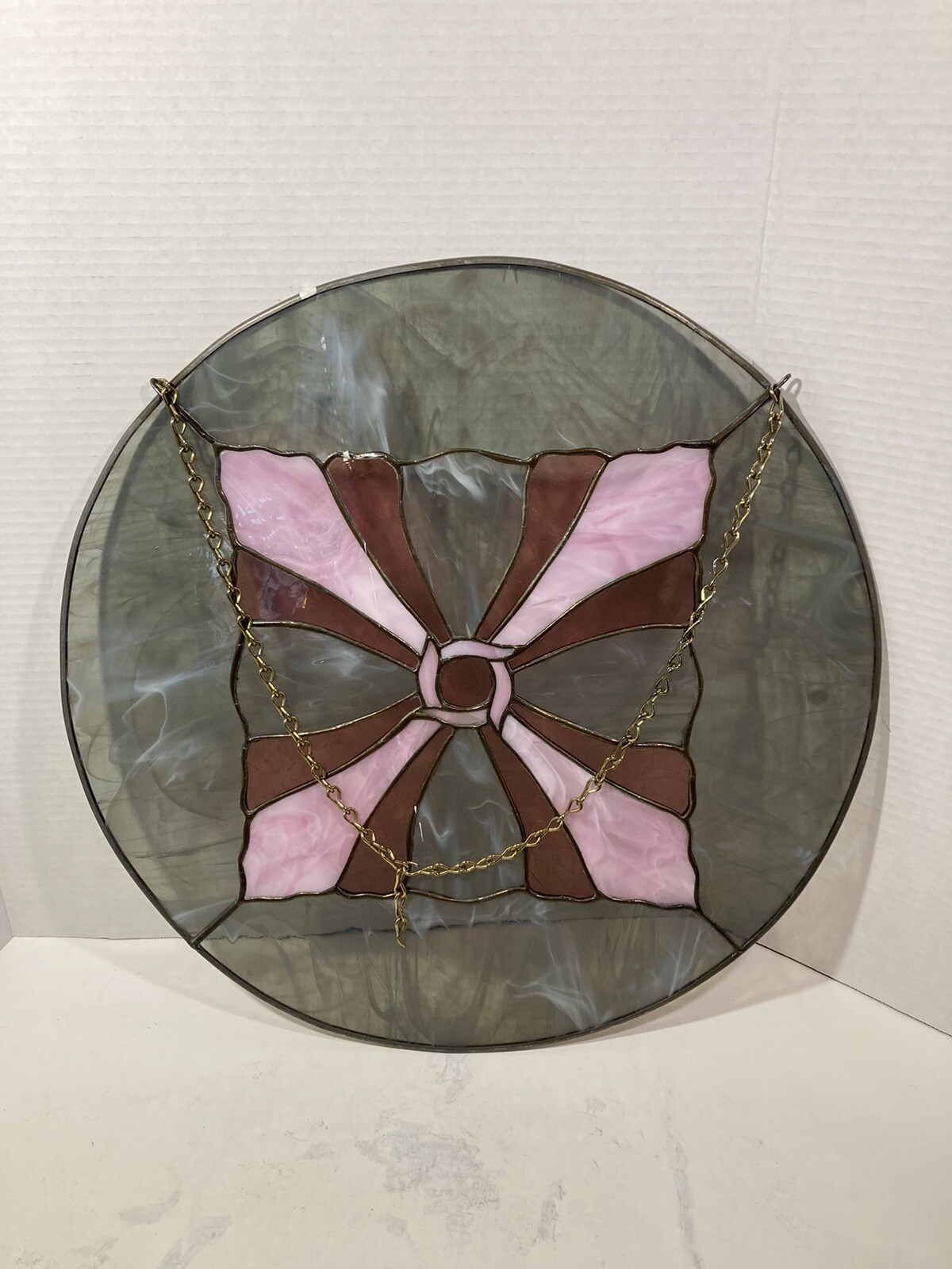 Large 18.5” Handmade Leaded Stained Glass Round Medallion Panel-Mauve-Pink-Gray