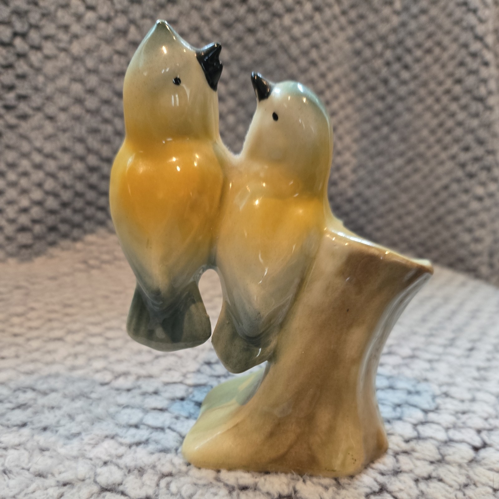 Vintage Royal Copley Figural Birds on Branch Bud Vase Mid Century yellow/blue