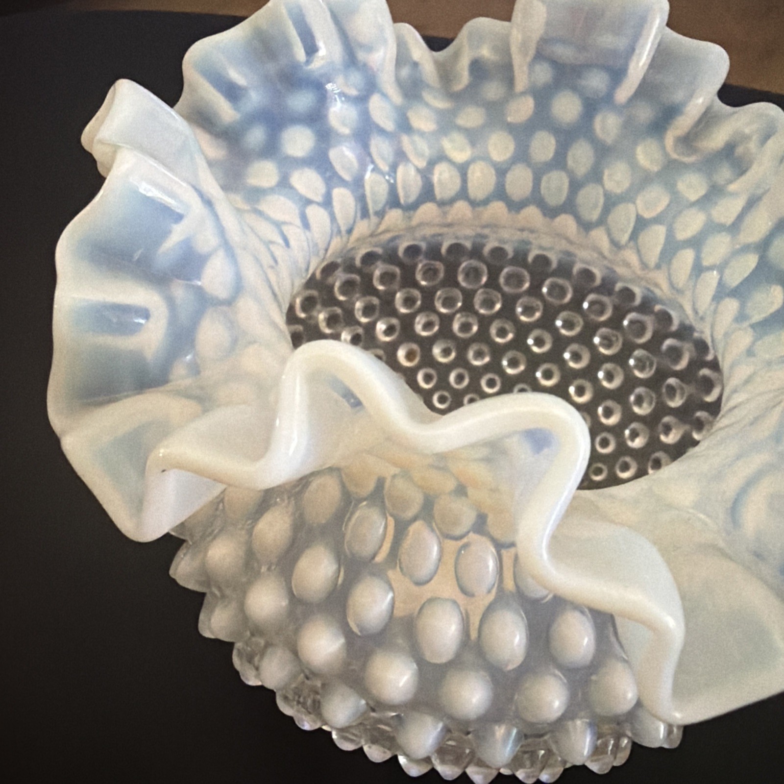 vintage 5 In Tall Fenton white Vase opalescent hobnail pattern and a ruffled