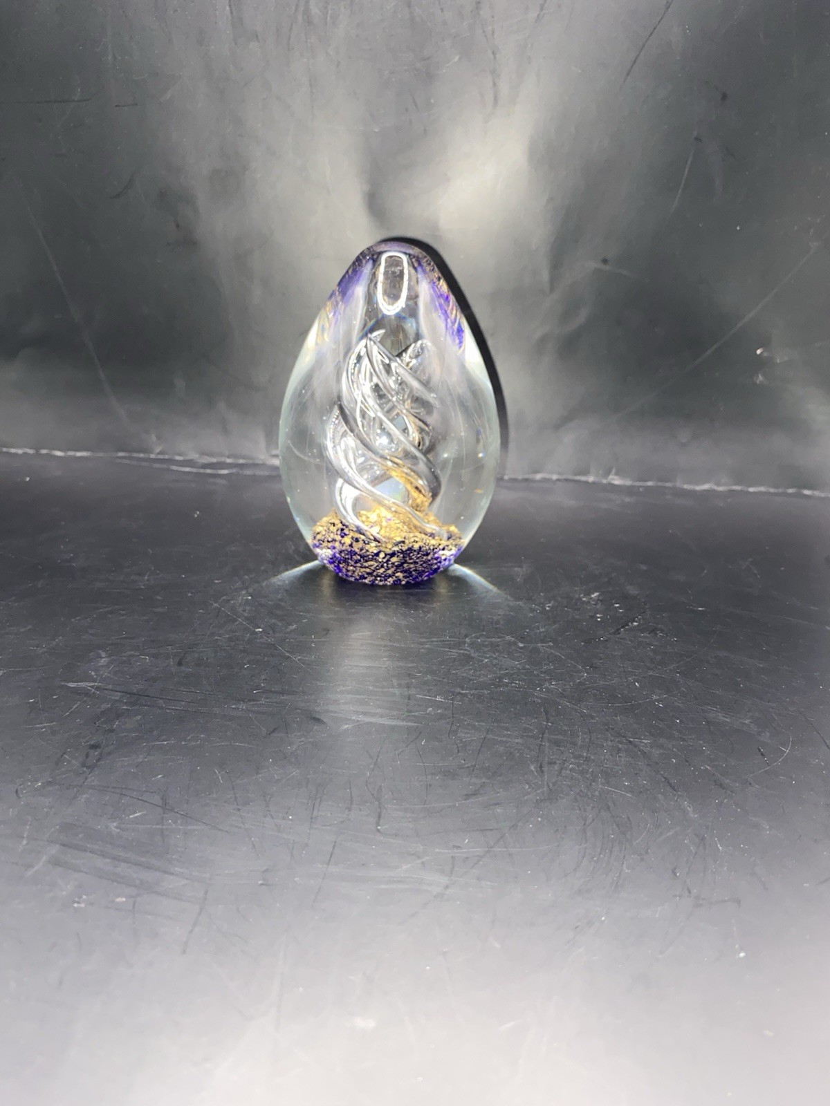 VTG Paperweight Clear Cobalt Blue with Clear Swirl Helix and Gold Flecks