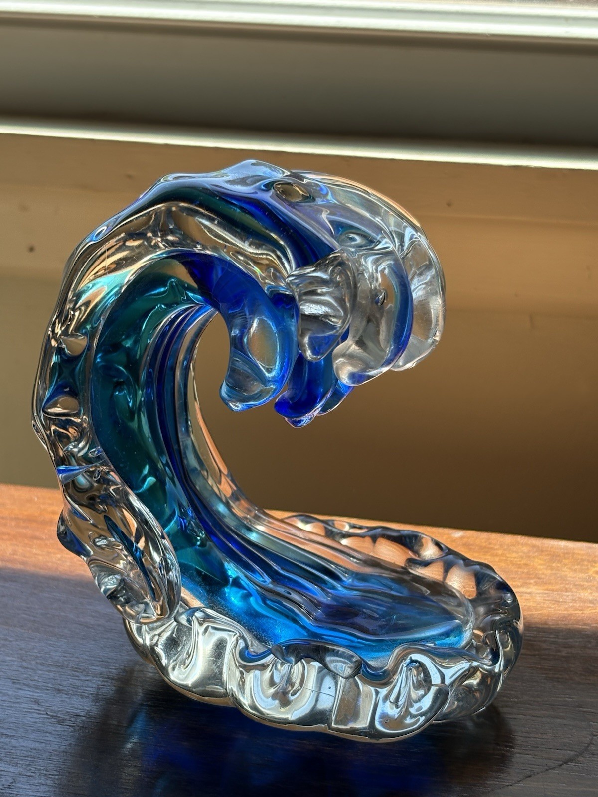 Hand Blow Rolling Ocean Coastal Table Top Nautical Art Glass Decor Blue