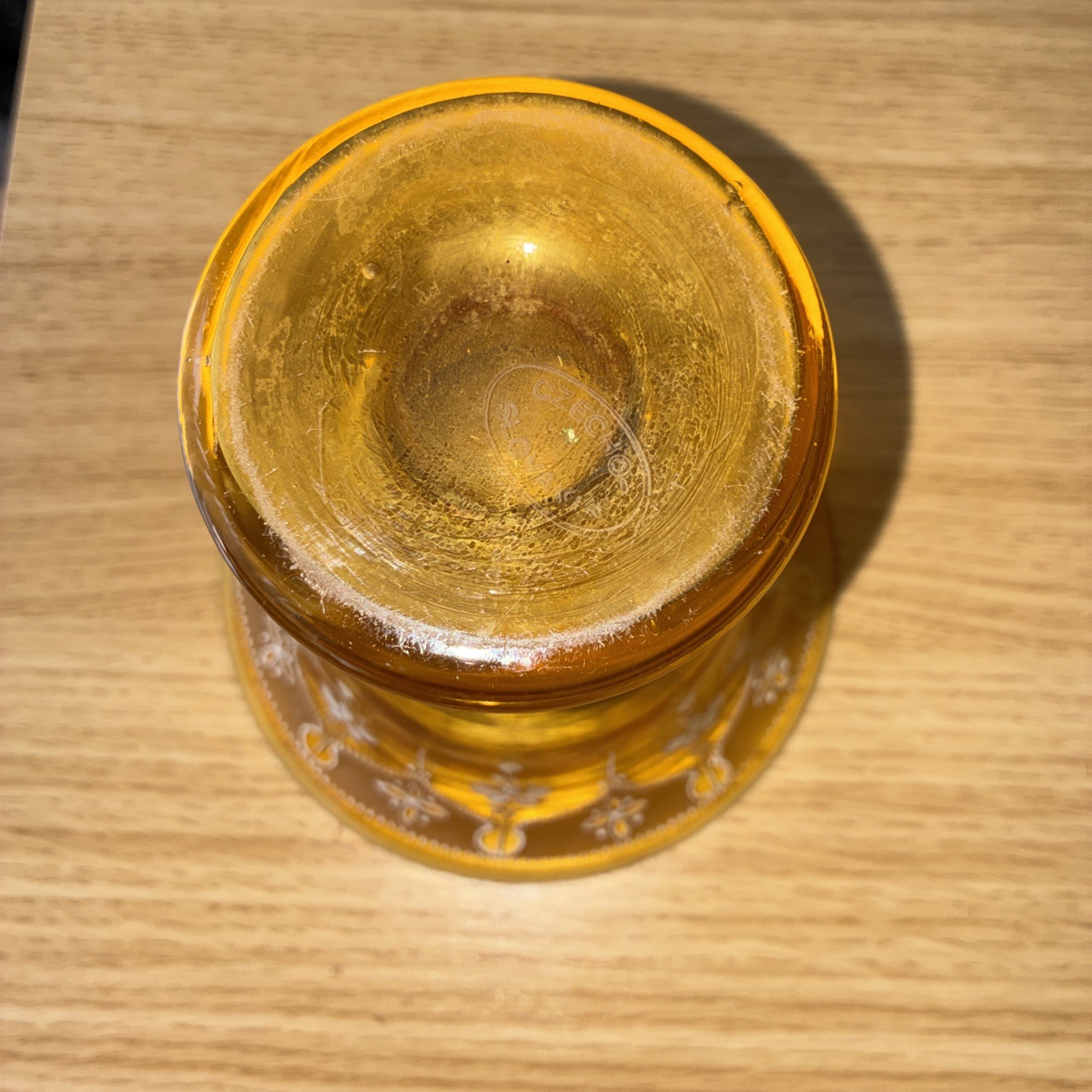 Bohemian Amber Hand Decorated Compote 5 1/4” Cut Glass