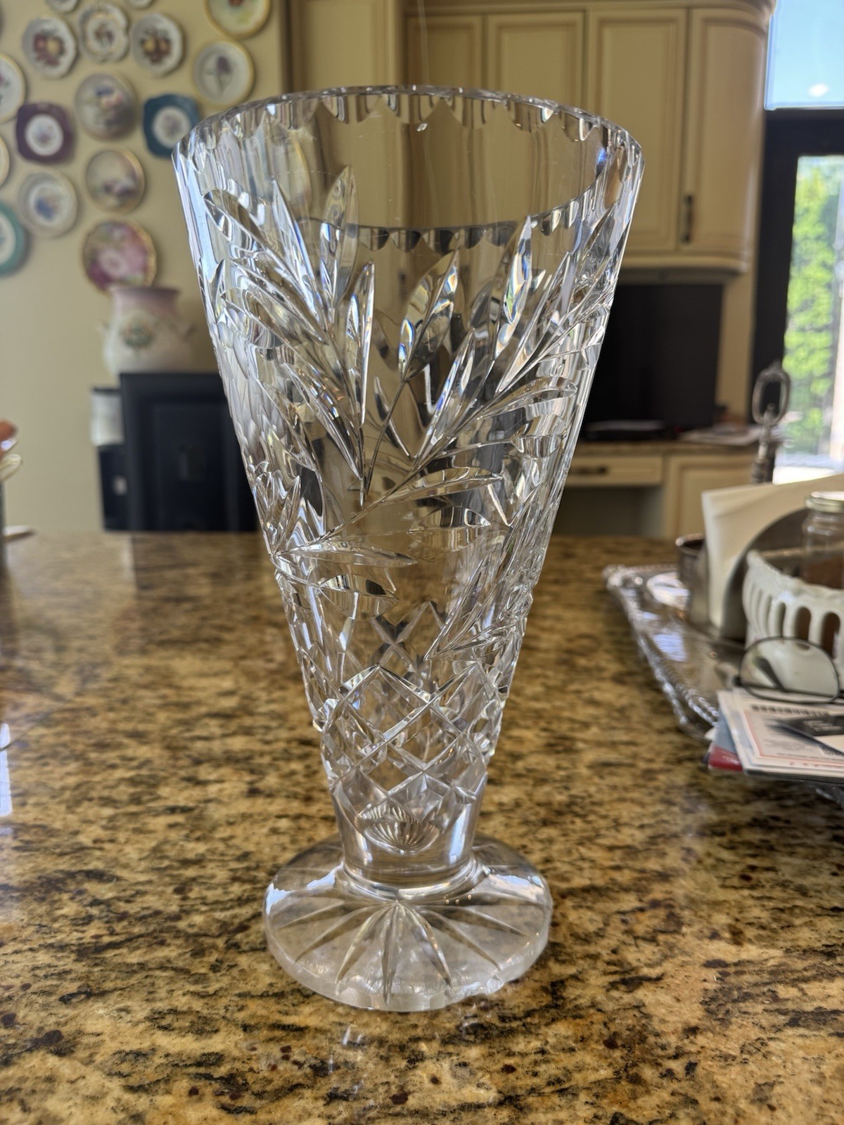Vintage Large 12″ Bohemian Sunflower Heavy Leaded Clear Crystal Vase 6 Lbs.