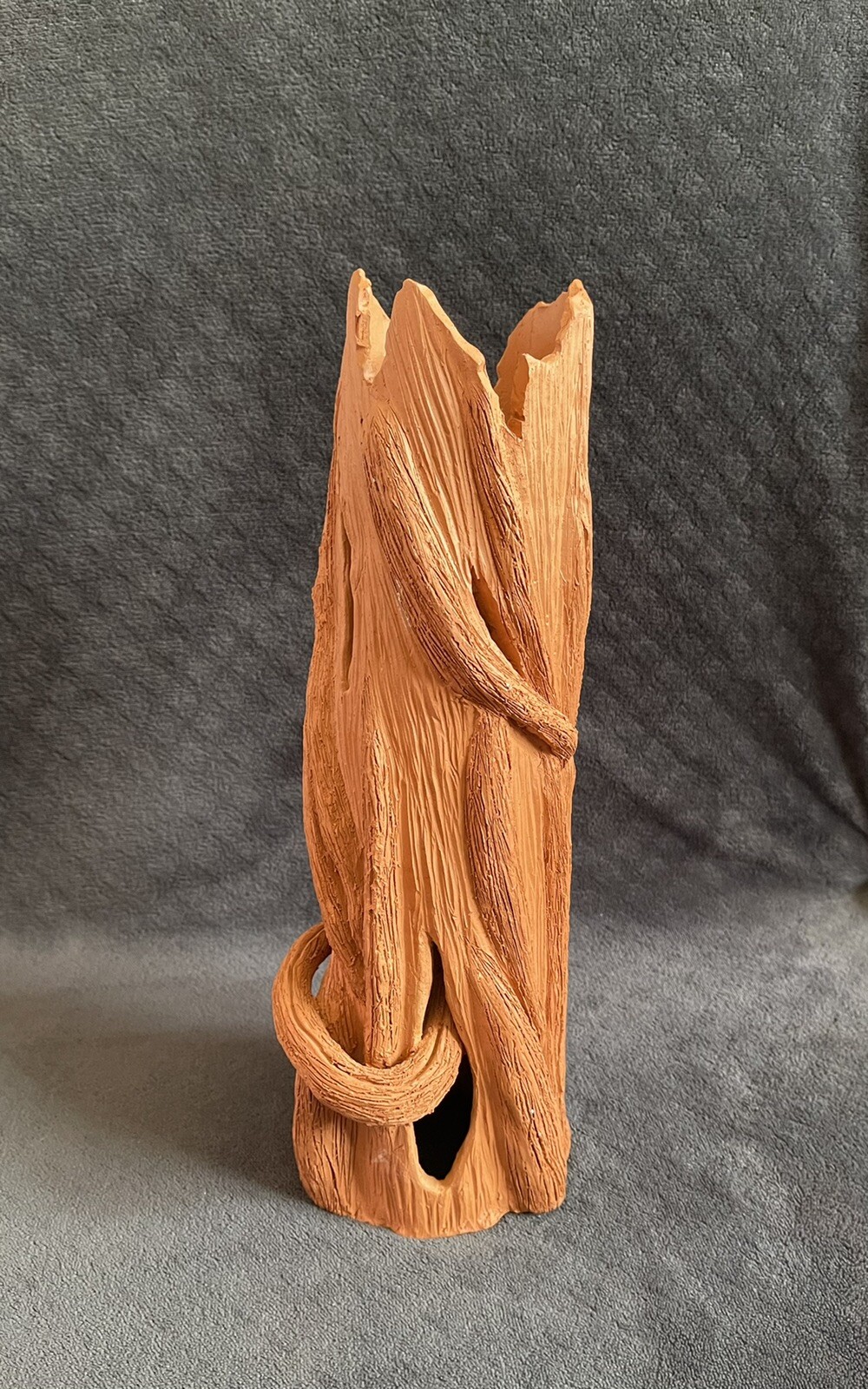 Vintage Carved Abstract Terracotta Clay “Man In The Tree” Sculptural Vase