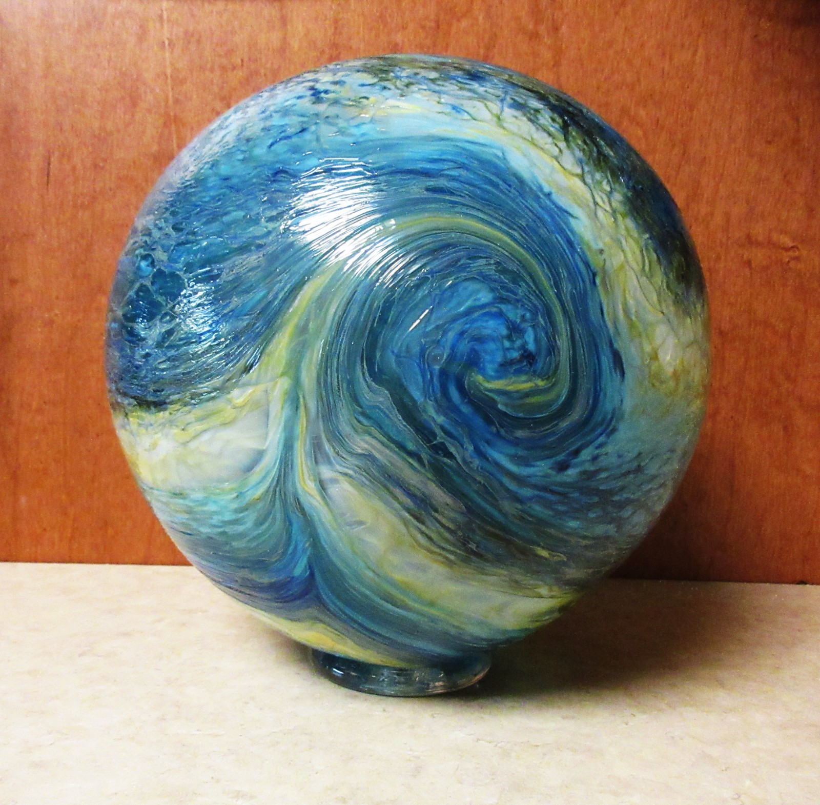 Large Hand Blown Glass Sea Float Blue Swirls 8″ with Wood Stand – Made in Oregon