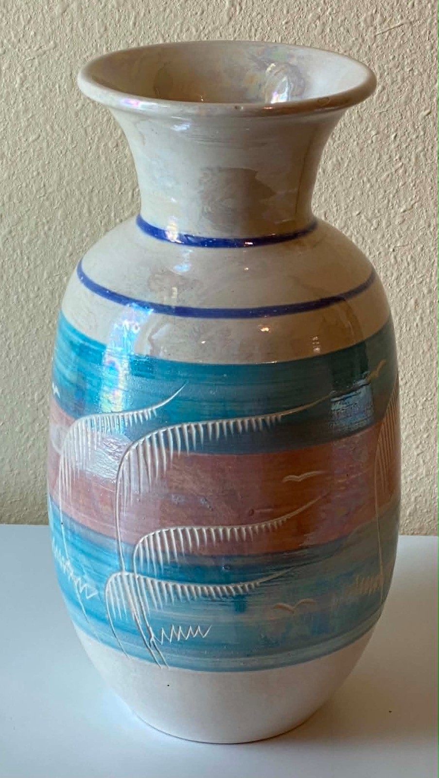 Studio Art Pottery Vase Pastel Beach Colors Seagulls Ocean Coastal 10.5″ x 6″