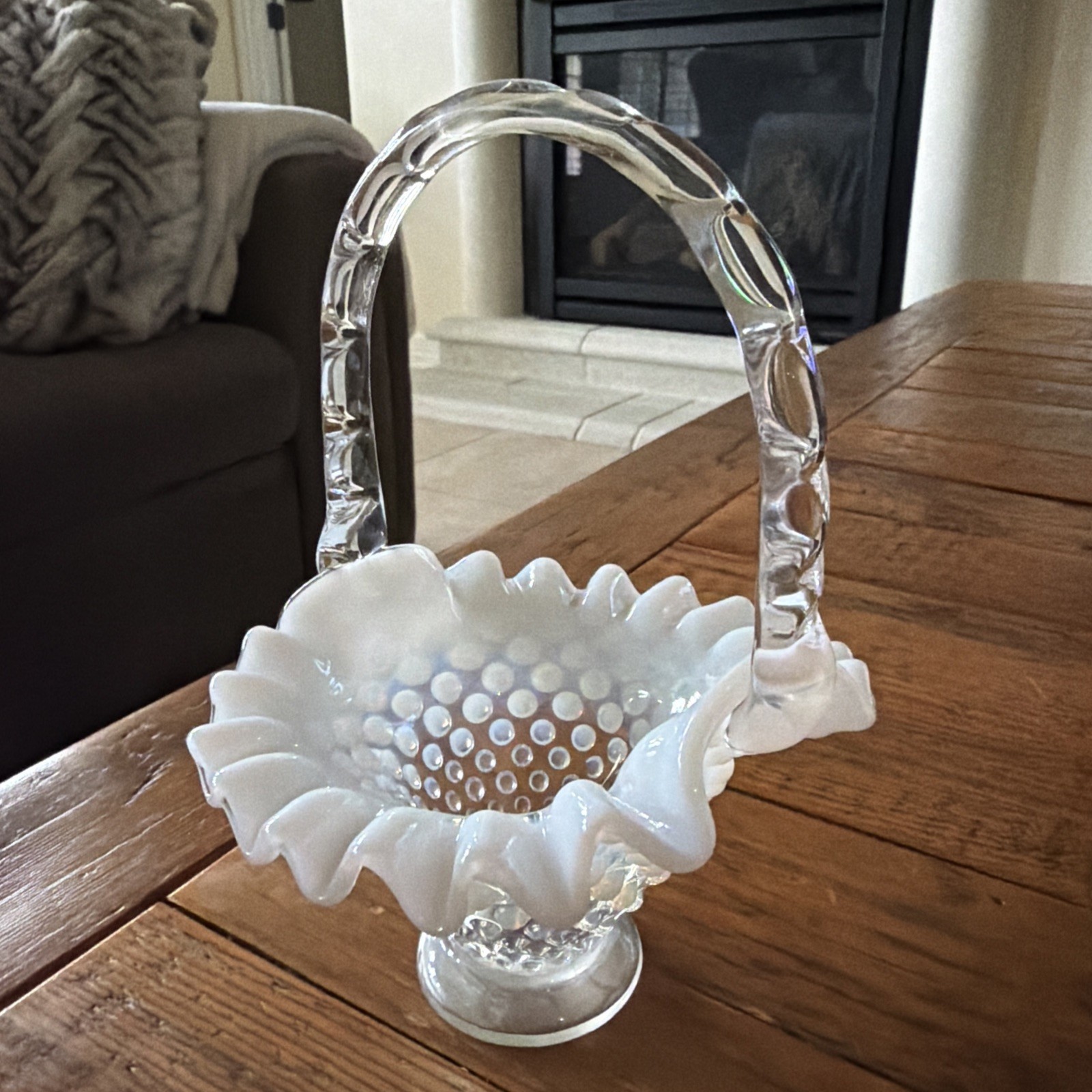 Vintage Fenton Opalescent White Clear Hobnail Basket w/Handle Ruffled Edge 6” H