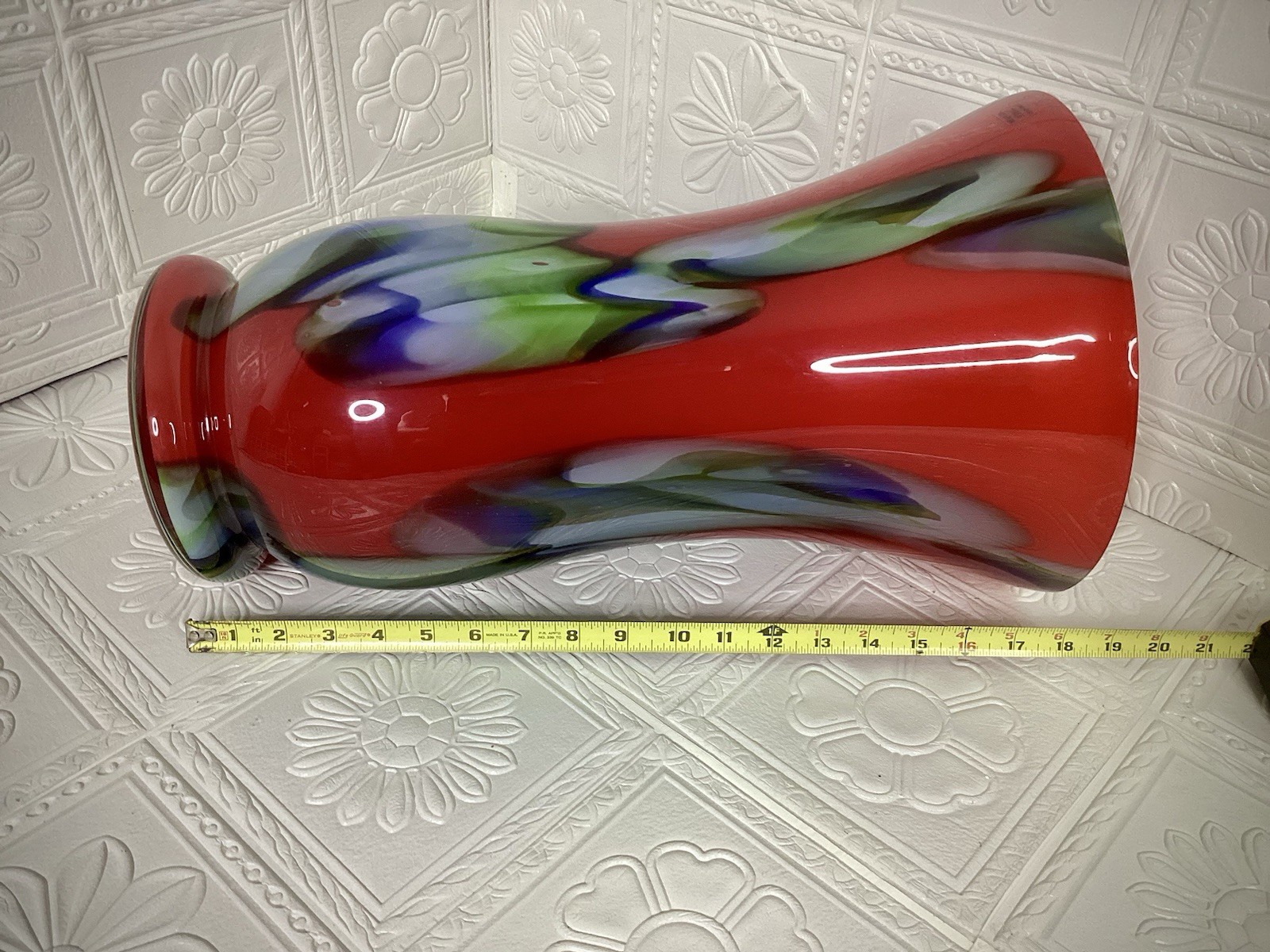 Towle Large Hand Blown Art Glass Vase 17.75” Murano Style Poland Red Swirl Label