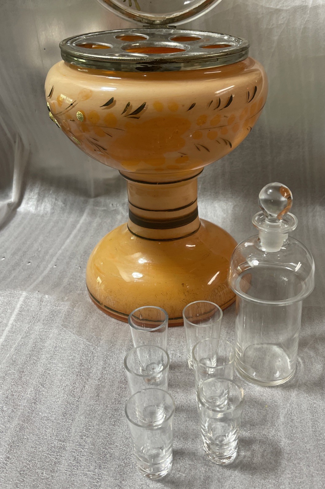 Antique Glass Decanter, Hand Painted A Brass Band W Hinges/ Clasp Connecting Lid