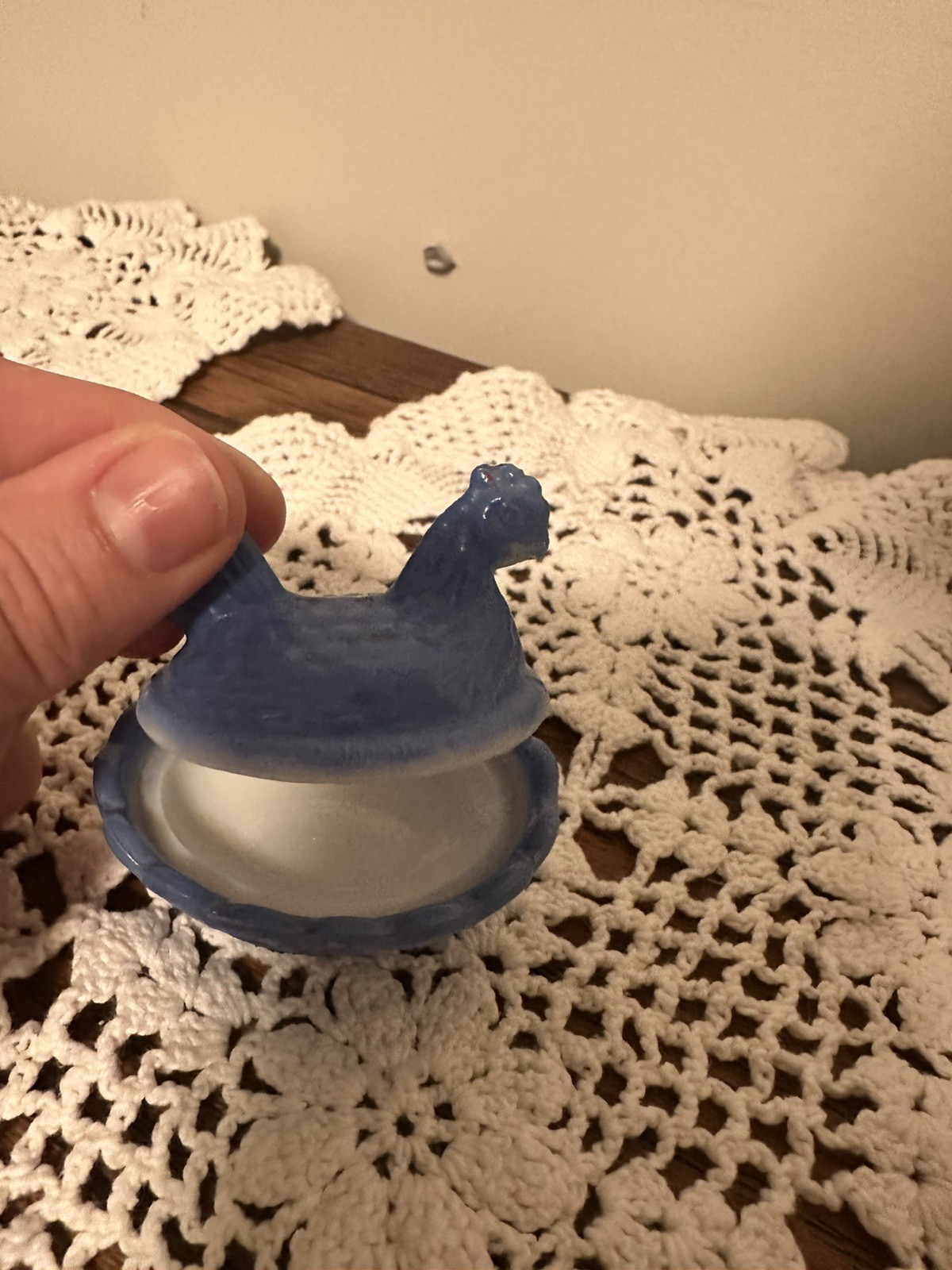 Westmoreland Milk Glass Fired on Blue Mini Hen On Nest Mini Salt Dip Miniature