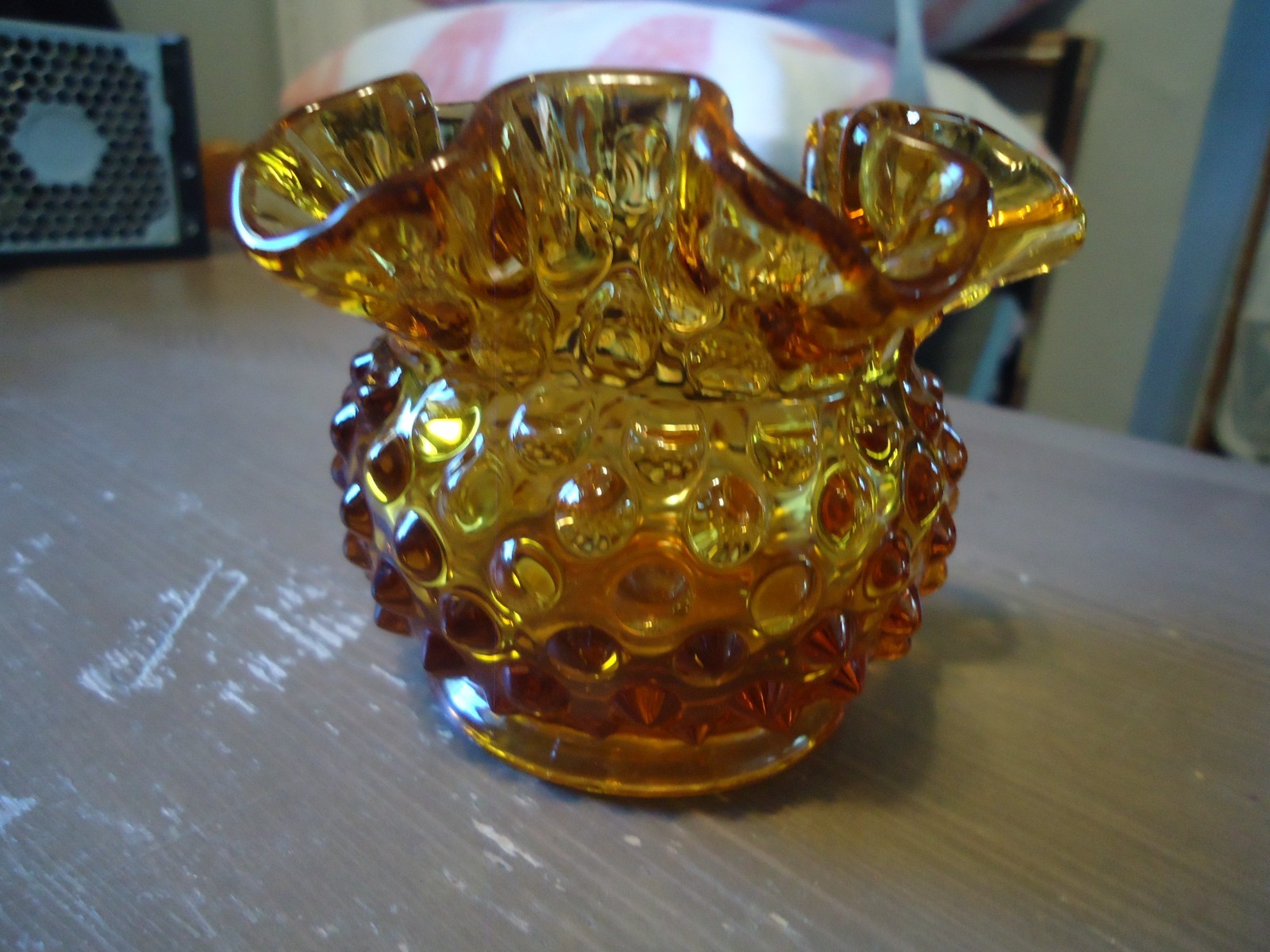 Vintage Fenton Amber Hobnail Vase Ruffled Open Rose Bowl Art Glass 3″