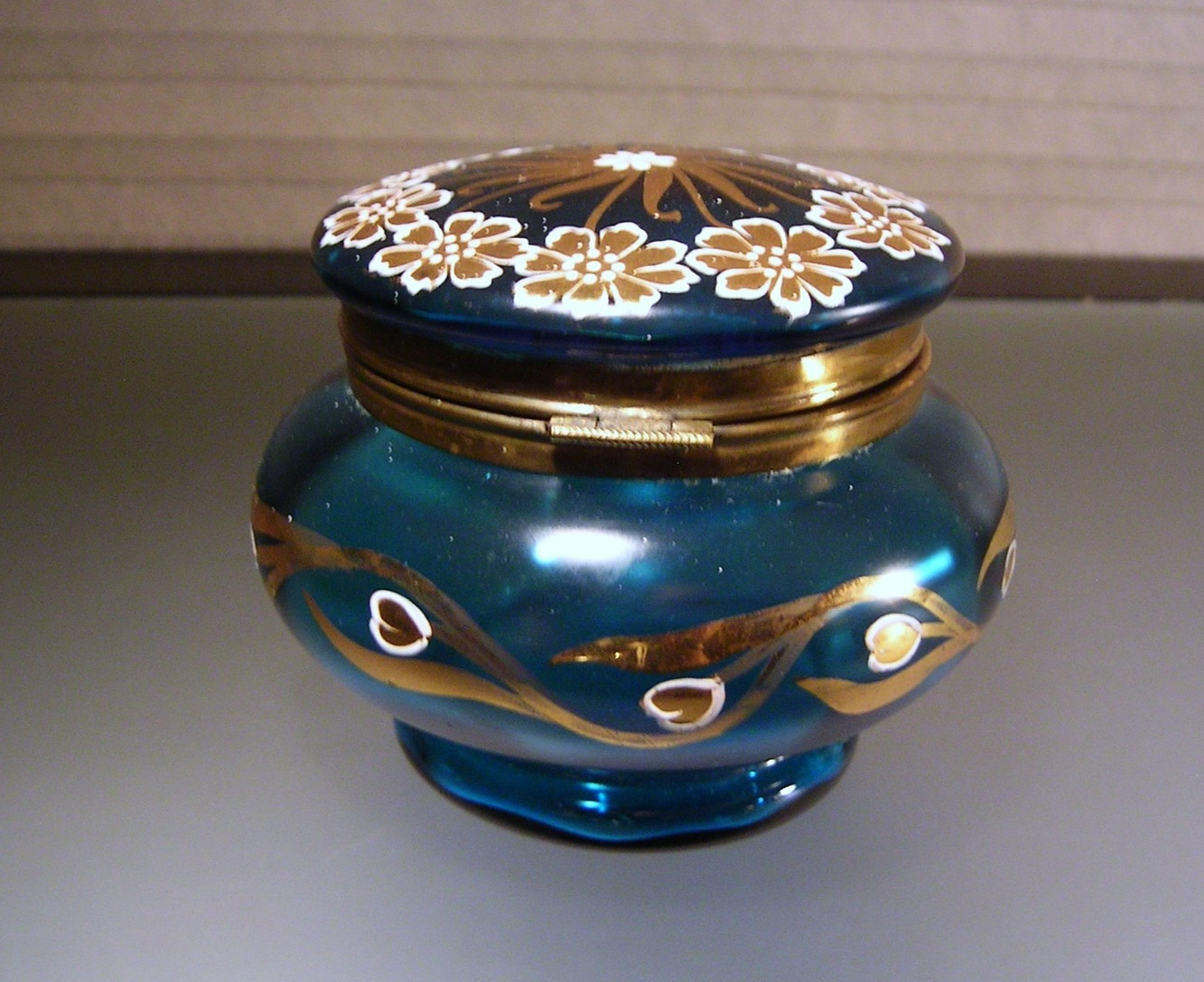 Antique Moser Style Peacock Blue & Gold Glass Dresser Box Hand Enameled
