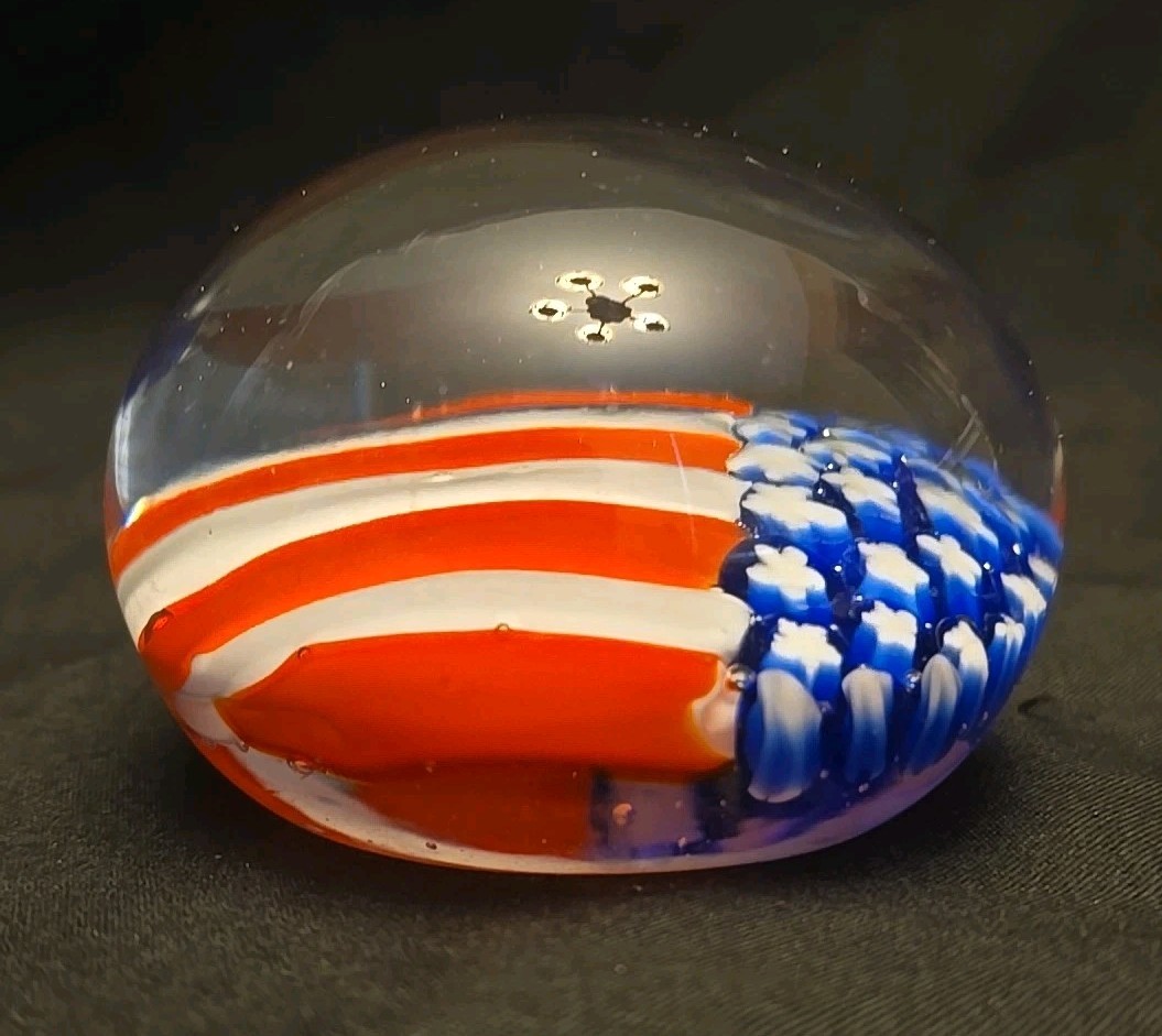 Old Glory American Flag Vintage Paperweight Glass Blown 3″ diameter Patriotic