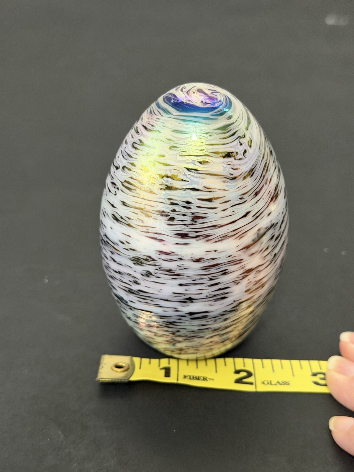 Iridescent Glass Egg Paperweight Swirl Design White/Purple/Blue~Taiwan