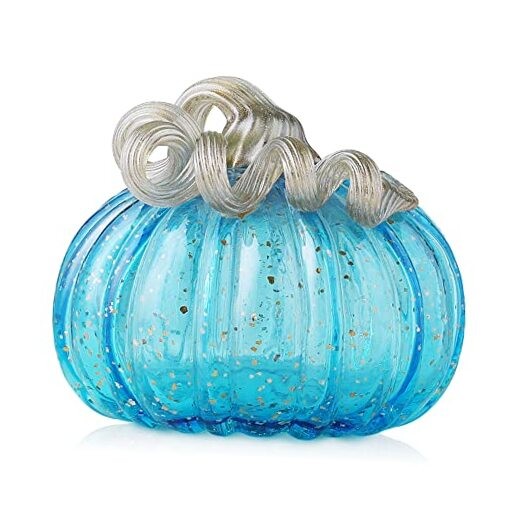 Hand Blown Glass Pumpkin Decor 5.25″ Blue – Artisan Fall Table 5.25″H