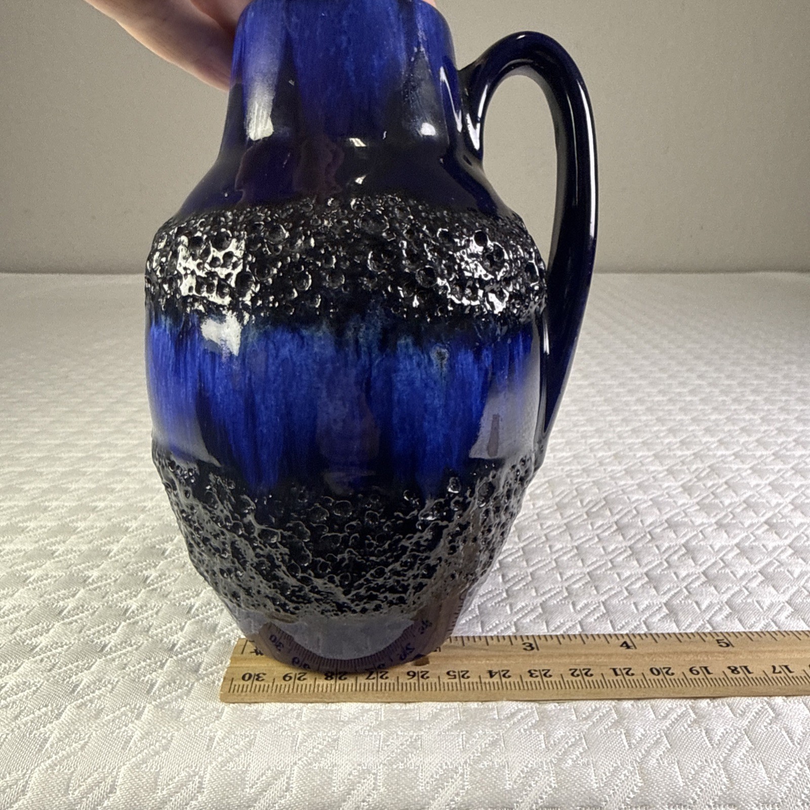 Vintage West German Style Pottery Jug Vase Blue Fat Lava Textured Glaze 6”