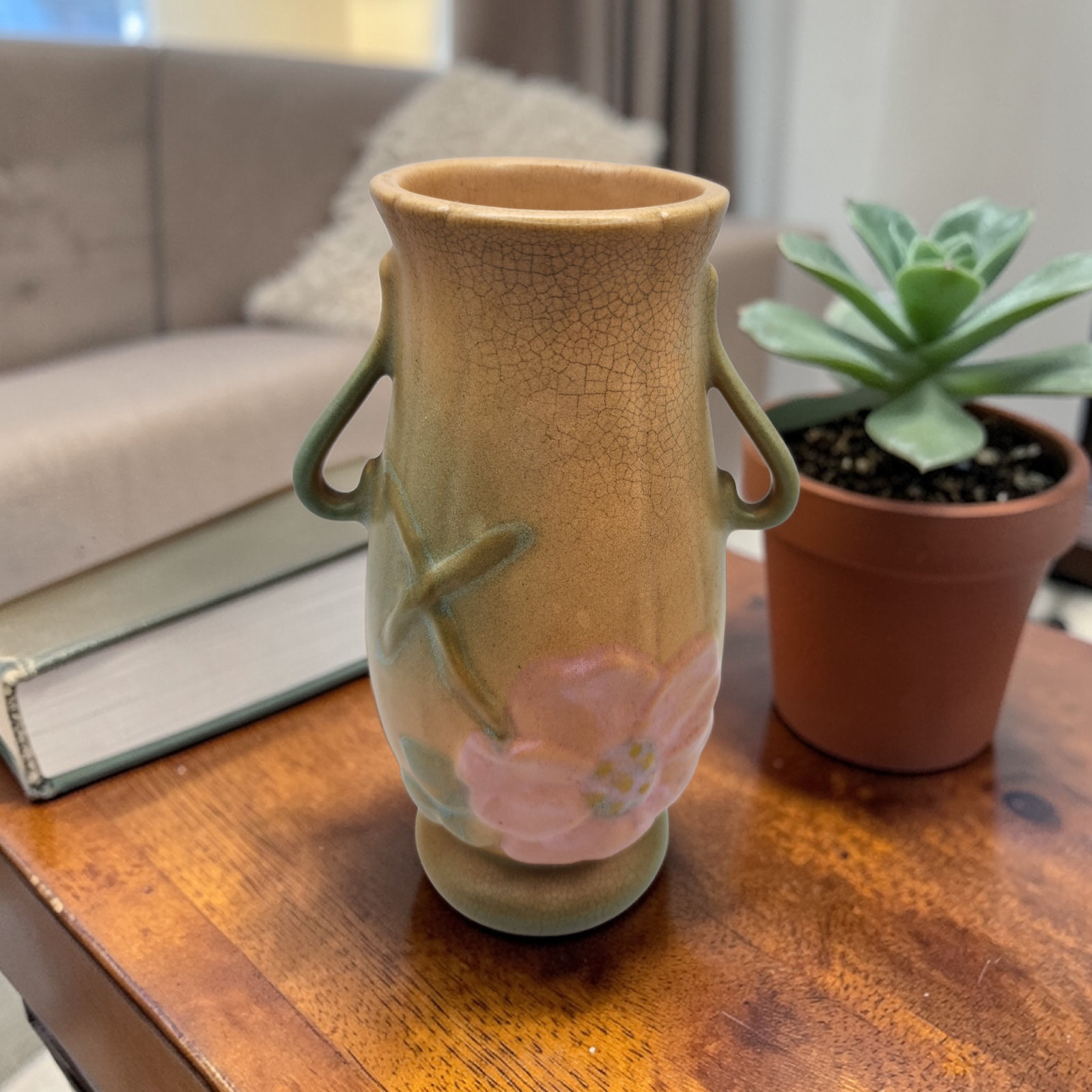 VTG WELLER Art Pottery 2 HANDLES Vase Peach Green WILD ROSE Dogwood FLORAL 6 3/4