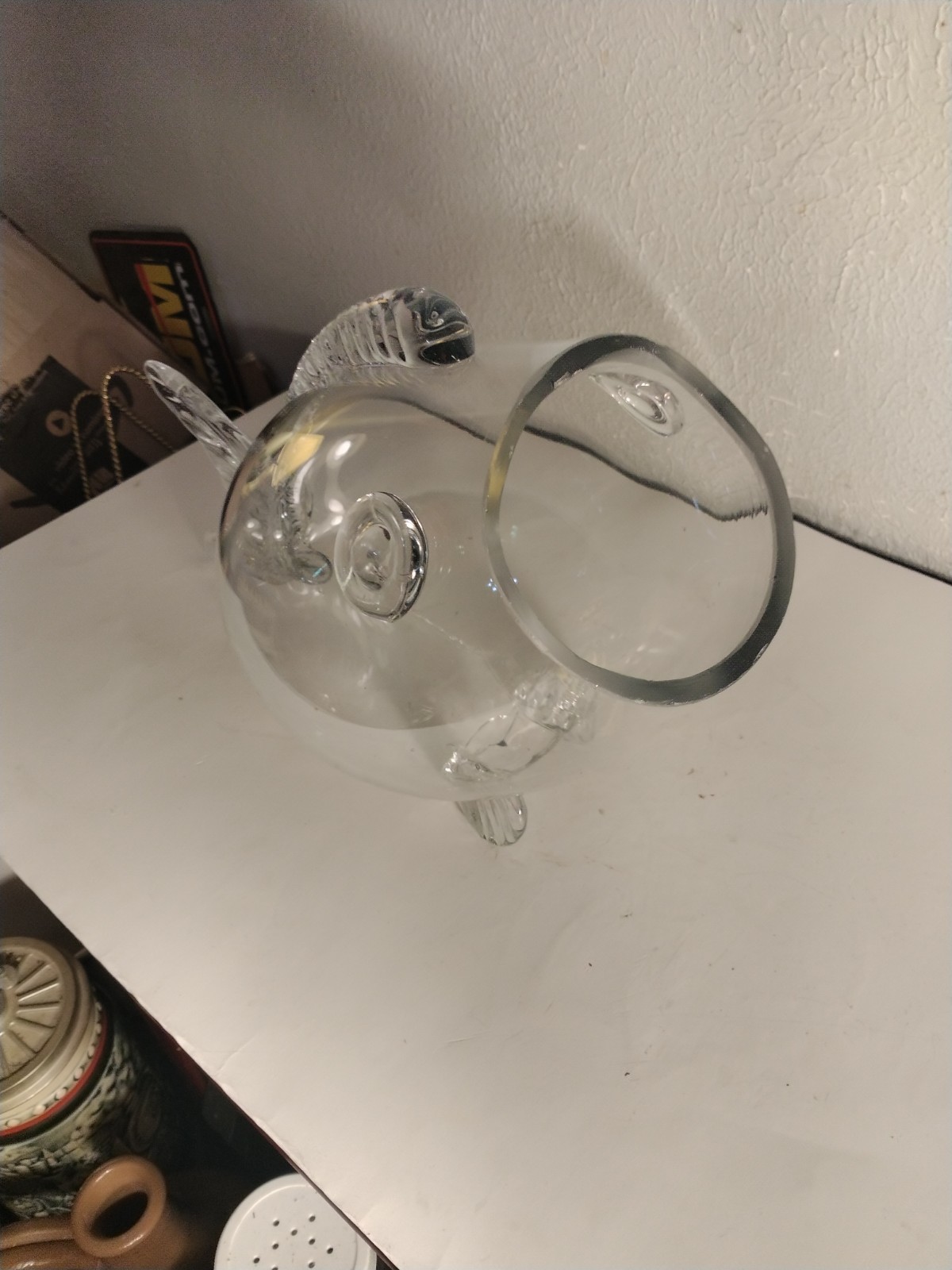 VTG Clear Hand Blown Art Glass Open Mouth Fish Vase Bowl Terrarium – 7.5×13