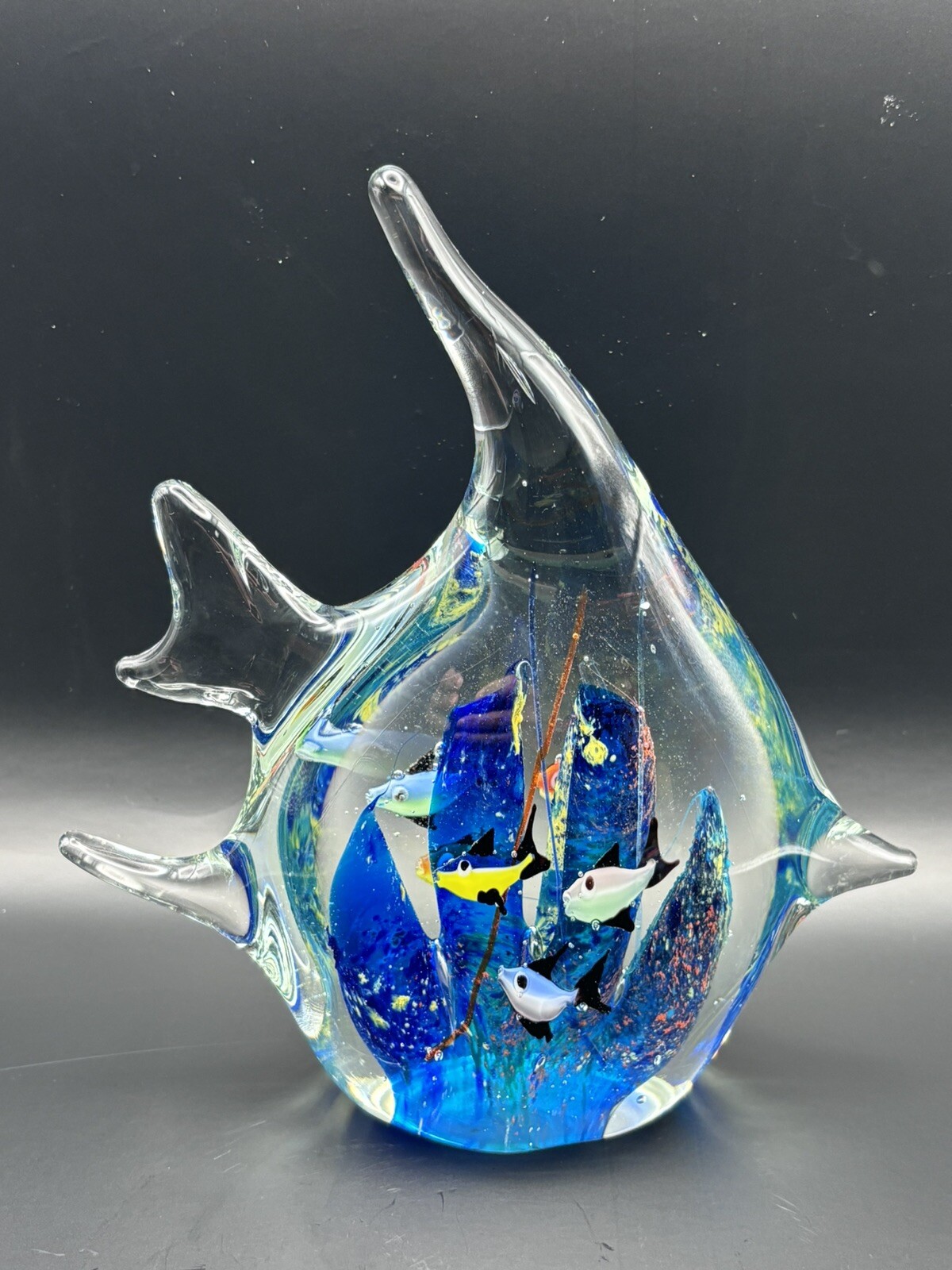 Art Glass Angel Fish Paperweight Blue Underwater Sea Scape Hand Blown Decor