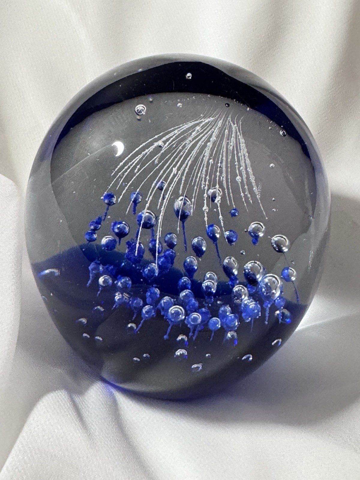 Cobalt Blue Glass Paperweight Balloons Fireworks Bubbles Clouds Unique Art
